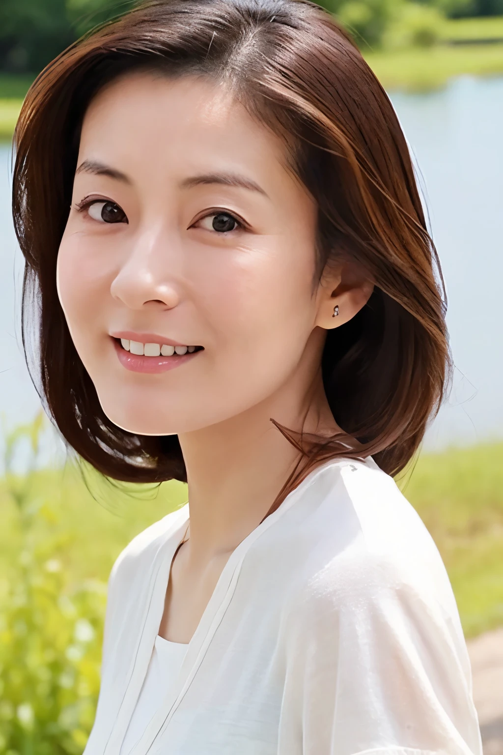 Skinny Japanese 40s woman, good wife, cute face, detailed face, detailed eyes, neat and clean, short-sleeve white shirt, walking along river, early summer, fine weather, clear sky, green fields, portrait