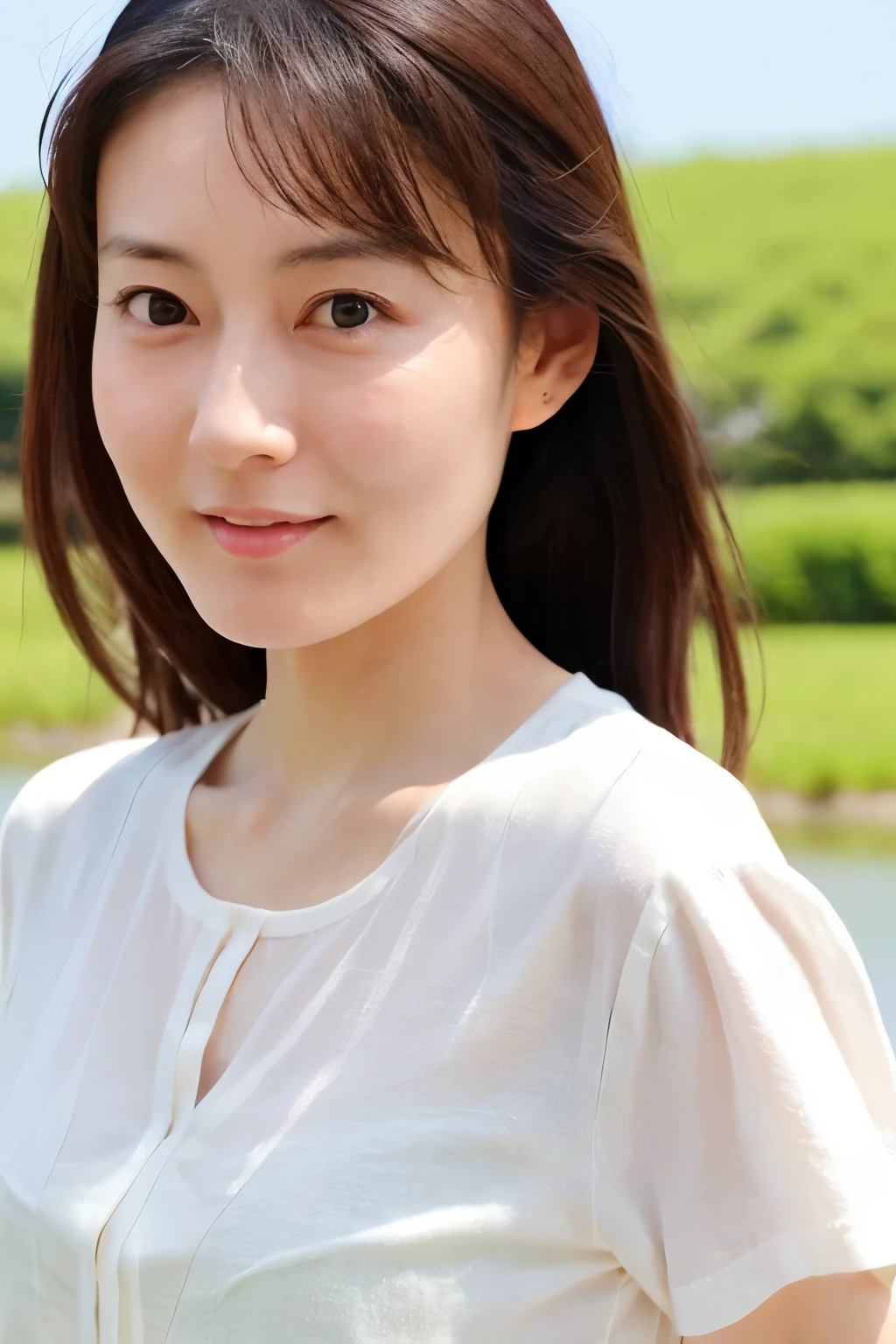 Skinny Japanese 40s woman, good wife, cute face, detailed face, detailed eyes, neat and clean, short-sleeve white shirt, walking along river, early summer, fine weather, clear sky, green fields, portrait