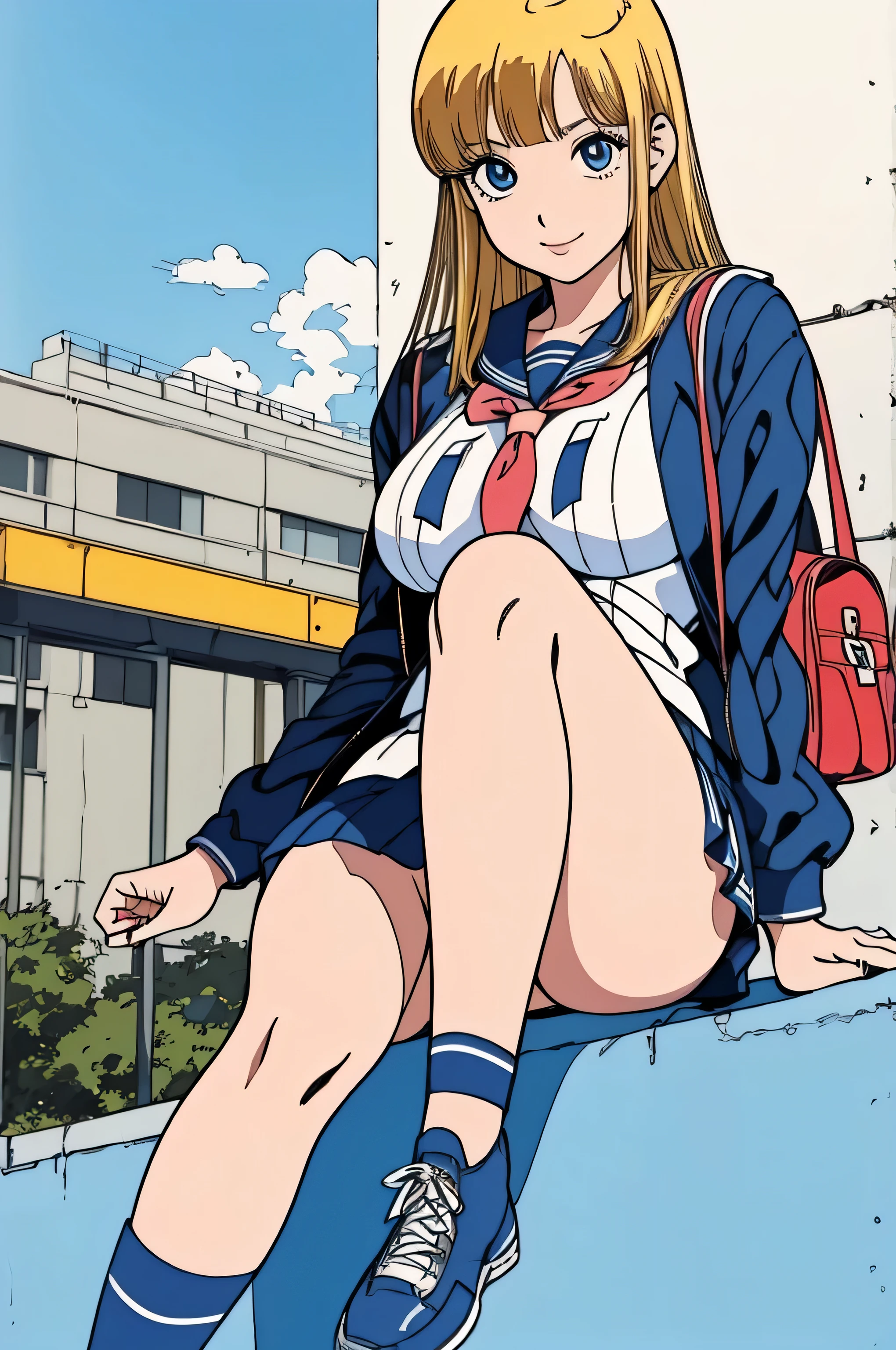 (Masterpiece Anime, Retro art style, Clean brush strokes, Very detailed, Perfect Anatomy, Browsing Caution), City Background, In front of the school gate, (Above the knee shot), (hibarikun), 1Girl, Eyebrows visible through hair, bangs, Blonde Hair, Blue eyes, (Sansakumaru:1.4), (Beautiful and realistic eyes:1.5), Confident々Smile, High Body, Long and beautiful legs, (Large Breasts:1.2), (Sexy Poses), (Sailor suit top), (Sailor suit miniskirt, Navy blue), Leather student bag,