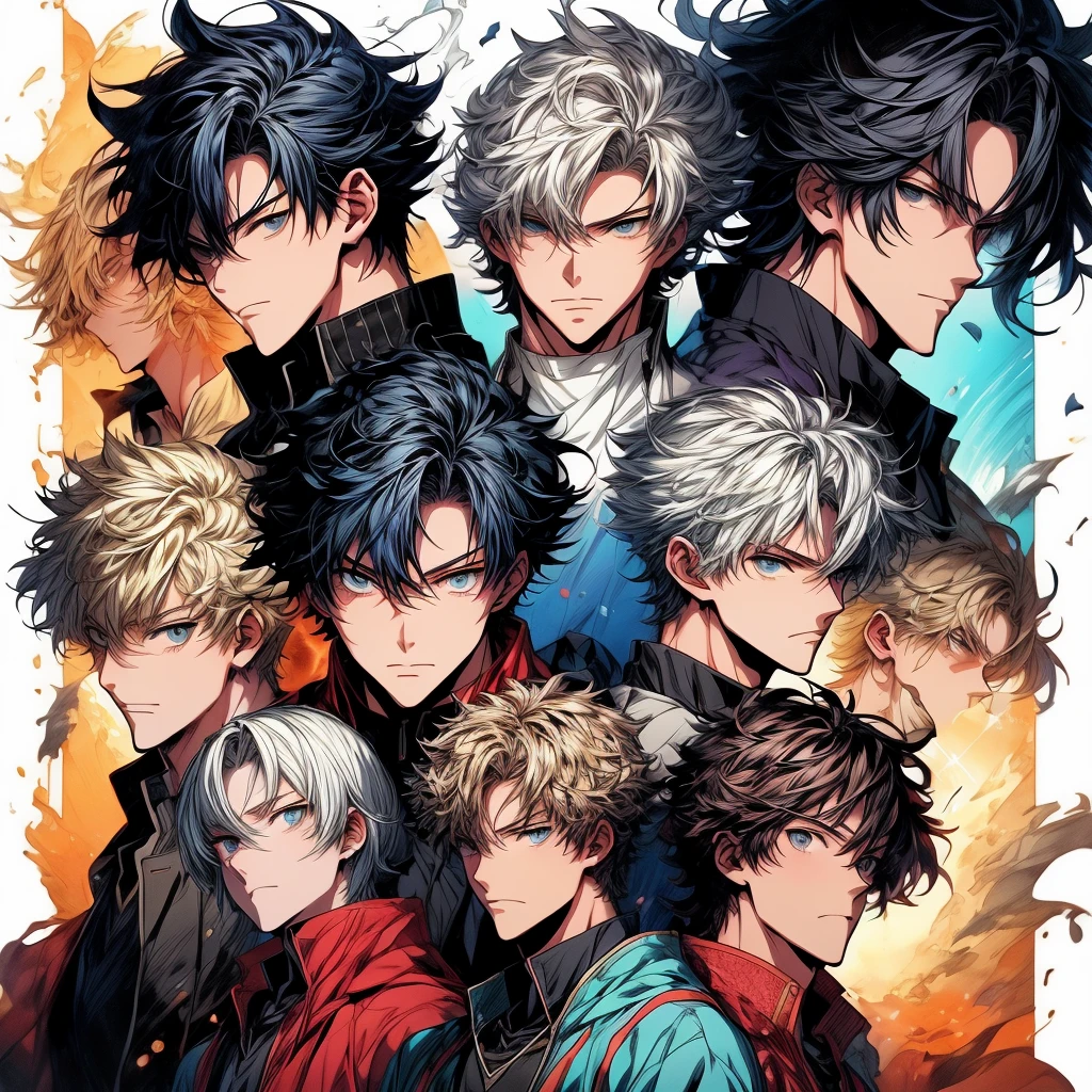 ((best quality、A masterpice))、Two anime handsome men、knights、black  hair、a blond、Blue eyes、Golden Eyes、sirius a and sirius b、Comic art、high quality fanart、from cryptid academia、inspired by Masanobu Okumura、epic anime style、detailed fan art、Akihiko Inoue and Rostran