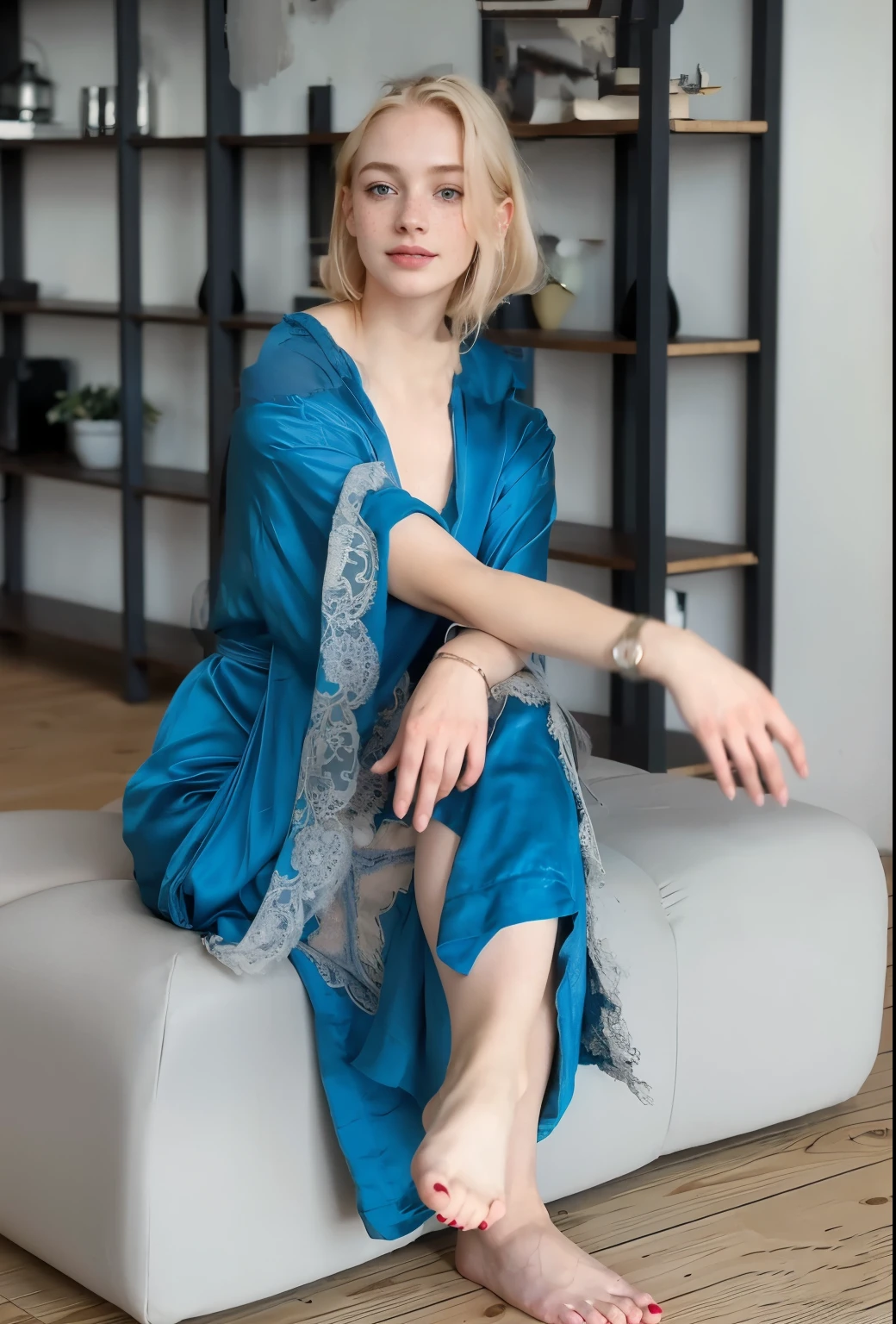 mulher, americana, 25 anos, pale skin and freckles, olhos cinzas, nariz delicado, soft and delicate lips, longo, cabelo blondie longo e ondulado na altura da cintura, sorriso meigo, face with delicate feminine facial features, altamente renderizado