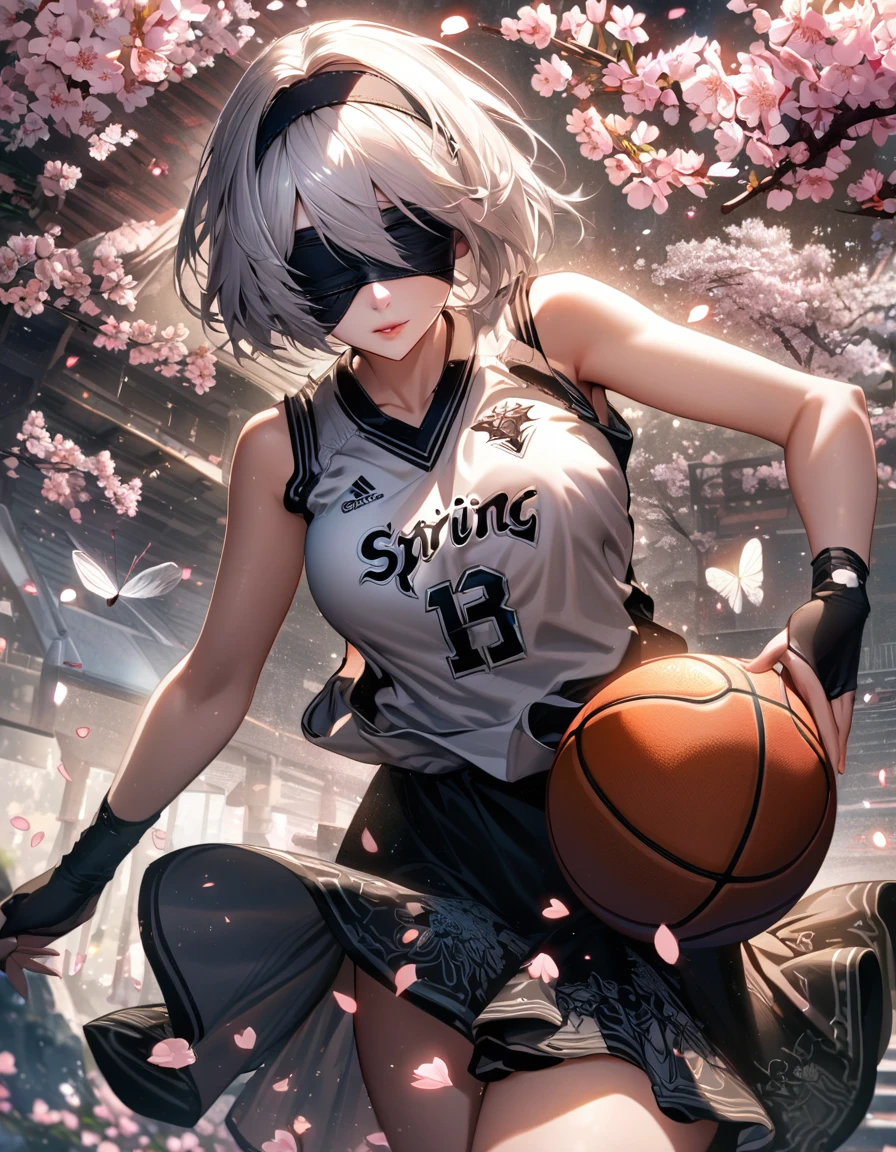 Ultra detailed, Highres, HDR, absurdres, 2B, blindfolded eyes, white short hair, black hairband, woman, extremely beautiful, Nier Automata, solo, extremely detailed face and eyes, petals, blossoms, spring, master piece, basketball uniform, cherry blossoms, butterflies