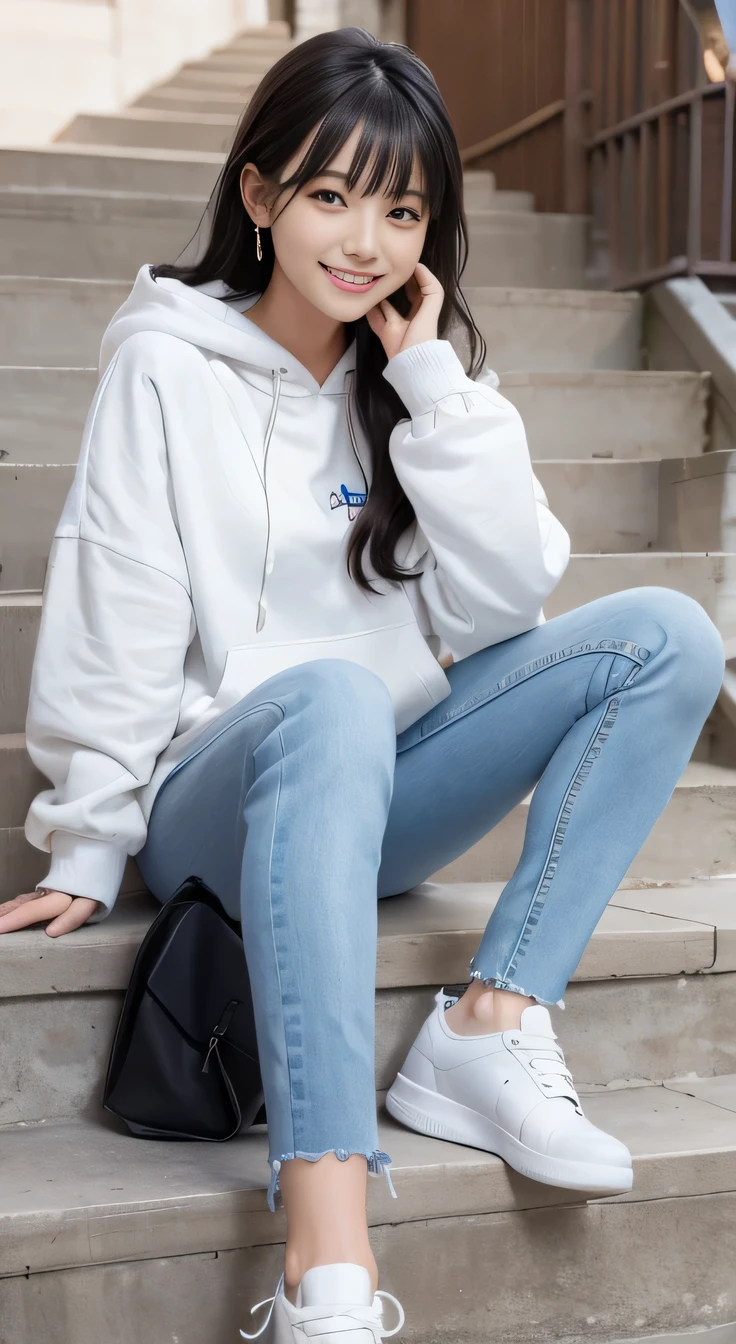 highest quality, Realistic, Very detailed, Finer details, High resolution, 8k wallpaper, One beautiful woman,Sit on the stairs、（Wear colorful socks）smile、（Beautiful teeth alignment、）（Gums are visible） Oversized hoodie, Skinny jeans,（ Black sneakers）、Black Hair、 Beautiful Bangs、ear piercing、Perfect dynamic composition, Beautiful and detailed, Full Body Shot, A big smile waiting to start
