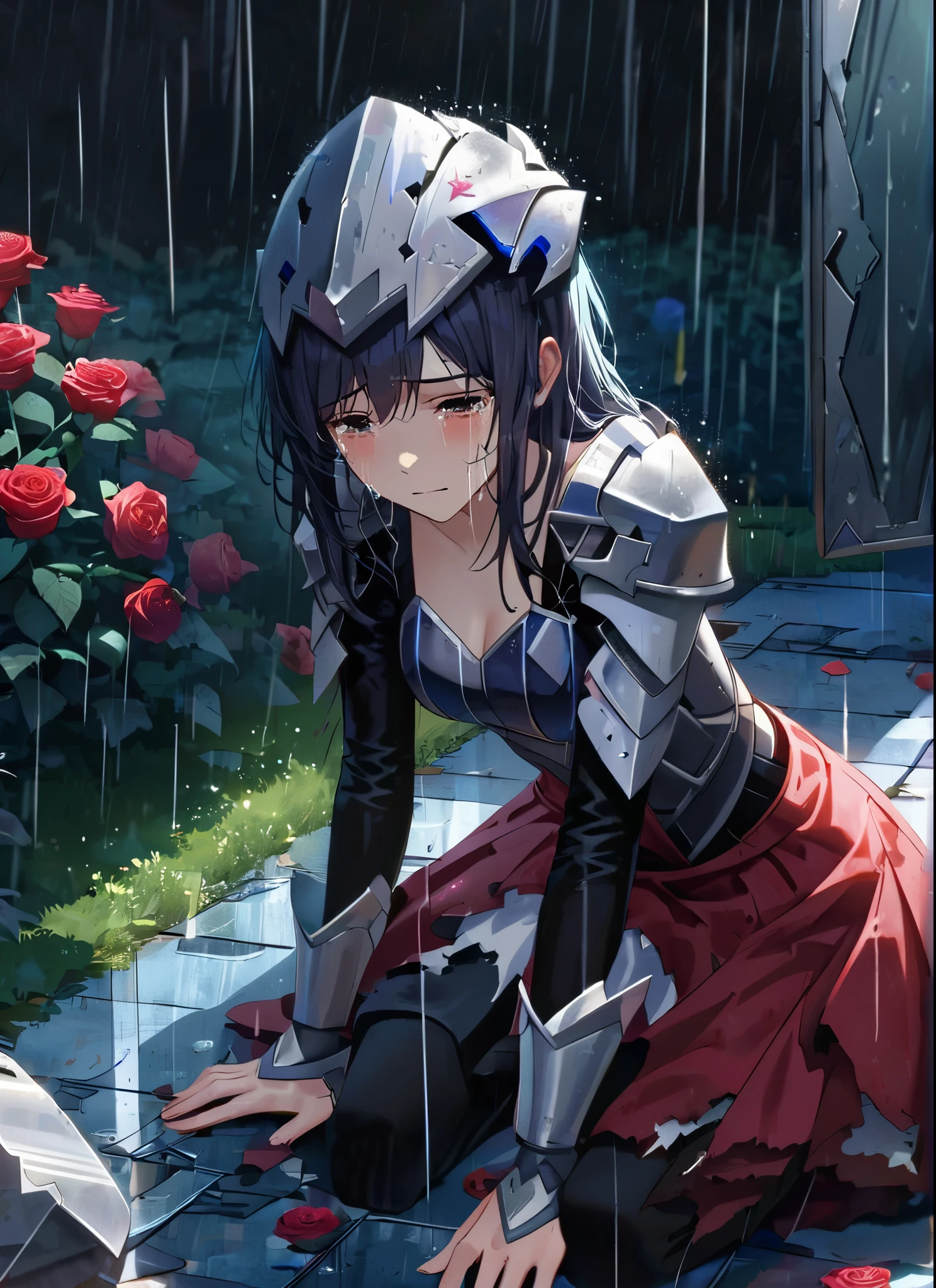 A girl, kneeling in the floor, wearing a shattered and broken princess armor, missing pieces ,ripped clothes, broken helmet ,broken shield and broken sword, in tears, sad, dramatic scene, tears flowing in the face, garden, roses, rain, ultra detailed face