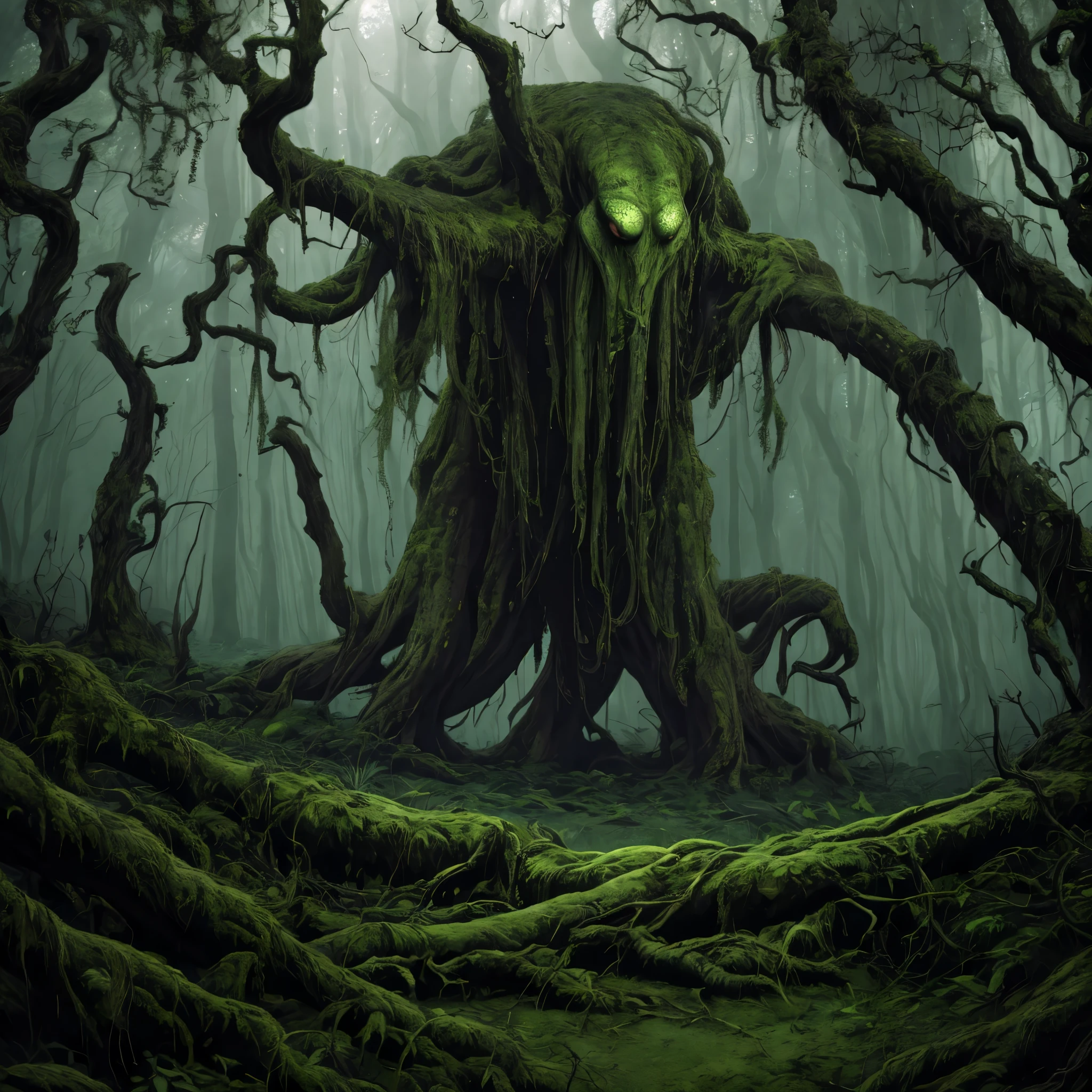 (best quality,highres:1.2),(realistic:1.37),ultra-detailed,a creepy toad,enormous in size,brightly colored,stalks through an ancient forest,tentacle tongue,thick and slimy skin,dark,ominous atmosphere,gloomy shadows,misty fog,gnarled trees,twisted branches,moss-covered rocks,dappled sunlight,unearthly glow,spooky ambiance,dense undergrowth,crunching leaves underfoot,haunting presence,unsettling silence,distant whispers,Cthulhu-like creature,mythical world,mysterious aura