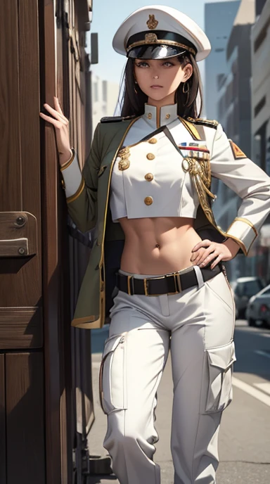 Women in crop top white soldier uniform, soldier hat, medal on the chest, exposed abdomen area, very low waist cargo pants, navel piercing , 45 years-old, high ranking , standing,