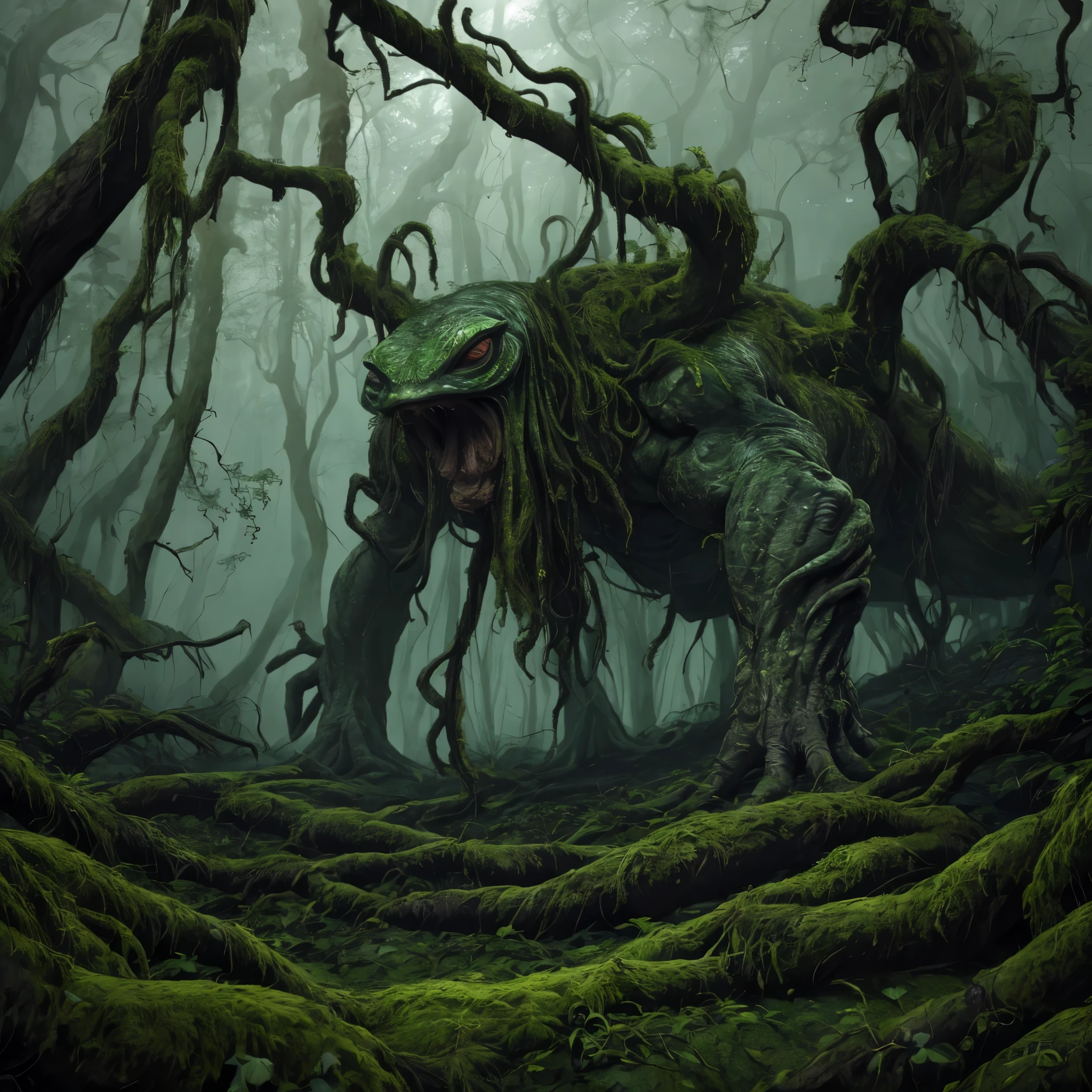 (best quality,highres:1.2),(realistic:1.37),ultra-detailed,a creepy toad,enormous in size,brightly colored,stalks through an ancient forest,tentacle tongue,thick and slimy skin,dark,ominous atmosphere,gloomy shadows,misty fog,gnarled trees,twisted branches,moss-covered rocks,dappled sunlight,unearthly glow,spooky ambiance,dense undergrowth,crunching leaves underfoot,haunting presence,unsettling silence,distant whispers,Cthulhu-like creature,mythical world,mysterious aura