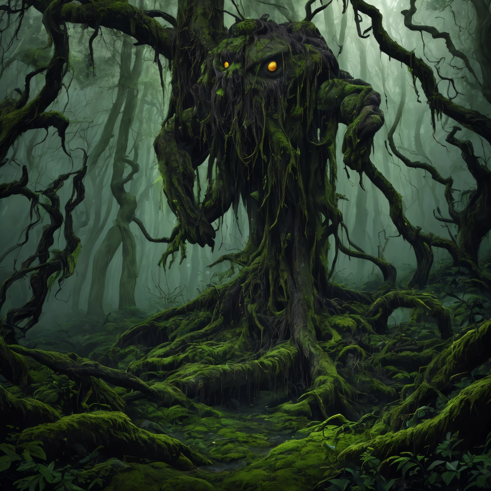 (best quality,highres:1.2),(realistic:1.37),ultra-detailed,a creepy toad,enormous in size,brightly colored,stalks through an ancient forest,tentacle tongue,thick and slimy skin,dark,ominous atmosphere,gloomy shadows,misty fog,gnarled trees,twisted branches,moss-covered rocks,dappled sunlight,unearthly glow,spooky ambiance,dense undergrowth,crunching leaves underfoot,haunting presence,unsettling silence,distant whispers,Cthulhu-like creature,mythical world,mysterious aura