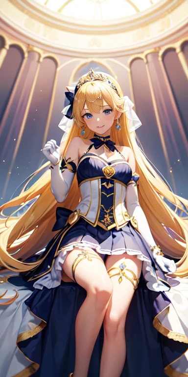 masterpiece, highest quality, High resolution, 1 girl,Blonde, Magical girl, blue eyes, Lemon-colored tiny bikini, Elbow-length gloves, tiara, 40% pleated mini skirt , Hair Bow, choker, White gloves, Very long hair, jewelry, Earrings, (Cat stance), Bottom View, ((Intricate details)), smile