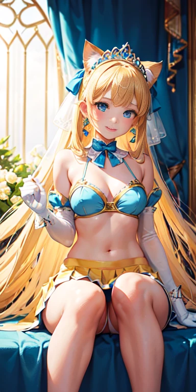 masterpiece, highest quality, High resolution, 1 girl,Blonde, Magical girl, blue eyes, Lemon-colored tiny bikini, Elbow-length gloves, tiara, 40% pleated mini skirt , Hair Bow, choker, White gloves, Very long hair, jewelry, Earrings, (Cat stance), Bottom View, ((Intricate details)), smile