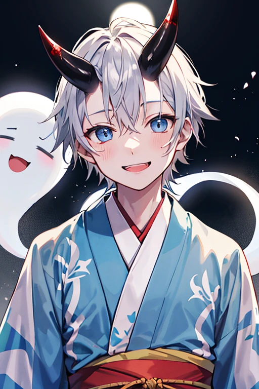ghost One Boy Silver Hair Blue Eyes Costume kimono ghostの角 Teeth are visible 歯はghostの牙 Looking at me smile Upper Body Blood on cheek One Boy Horns on the forehead Background moonlit night