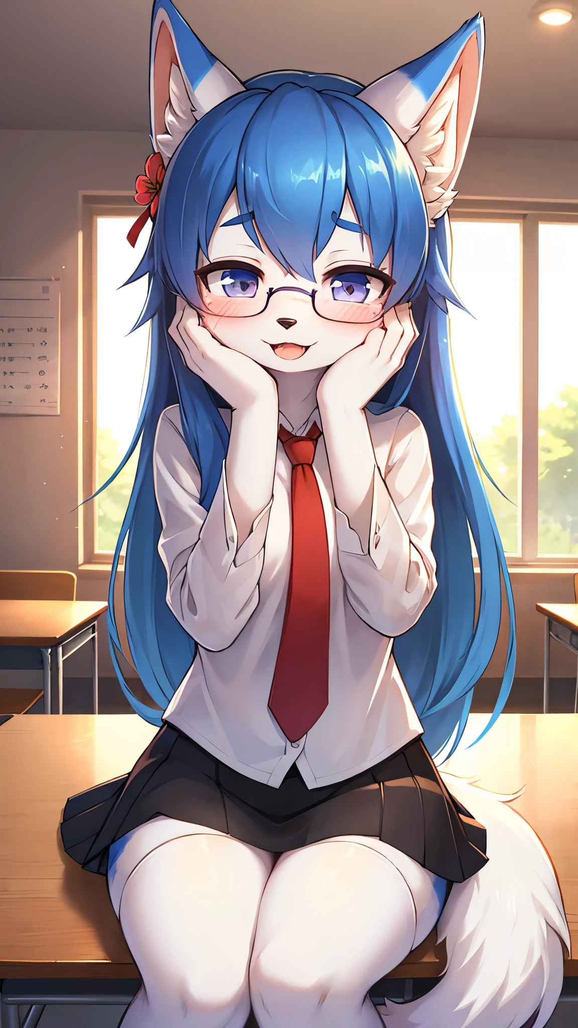 solo, kemono, female, blue hair, blue eyes, wear Japan student shirt, wear Japan student skirt, blushes, smile, sitting in front of school, school background, afternoon time