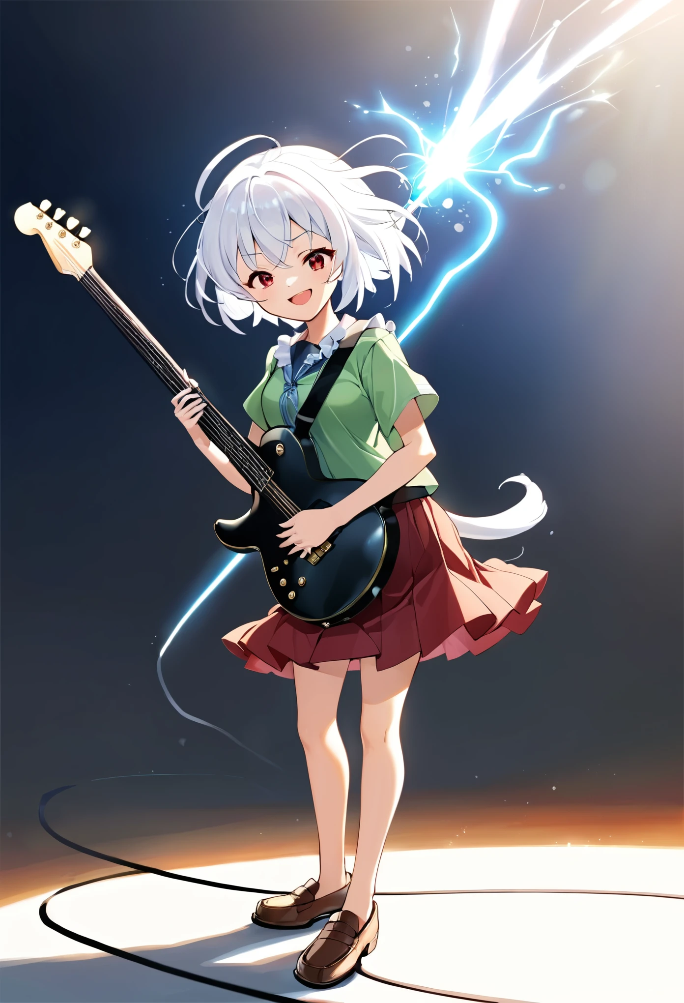 Line draw, ((Konpaku Youmu)), ((Konpaku Youmu)), Touhou, Manga, East, Full body, standing and holding a electric guitar, white hair, short hair, standing, masterpiece, best quality, extremely detailed, anime, girl, skirt, red eyes, Side Tail, electric guitar, smiling, opening the mouth, ((medium length skirt)), frill, leaning forward, closing eyes, loafers, shoes, green clothes