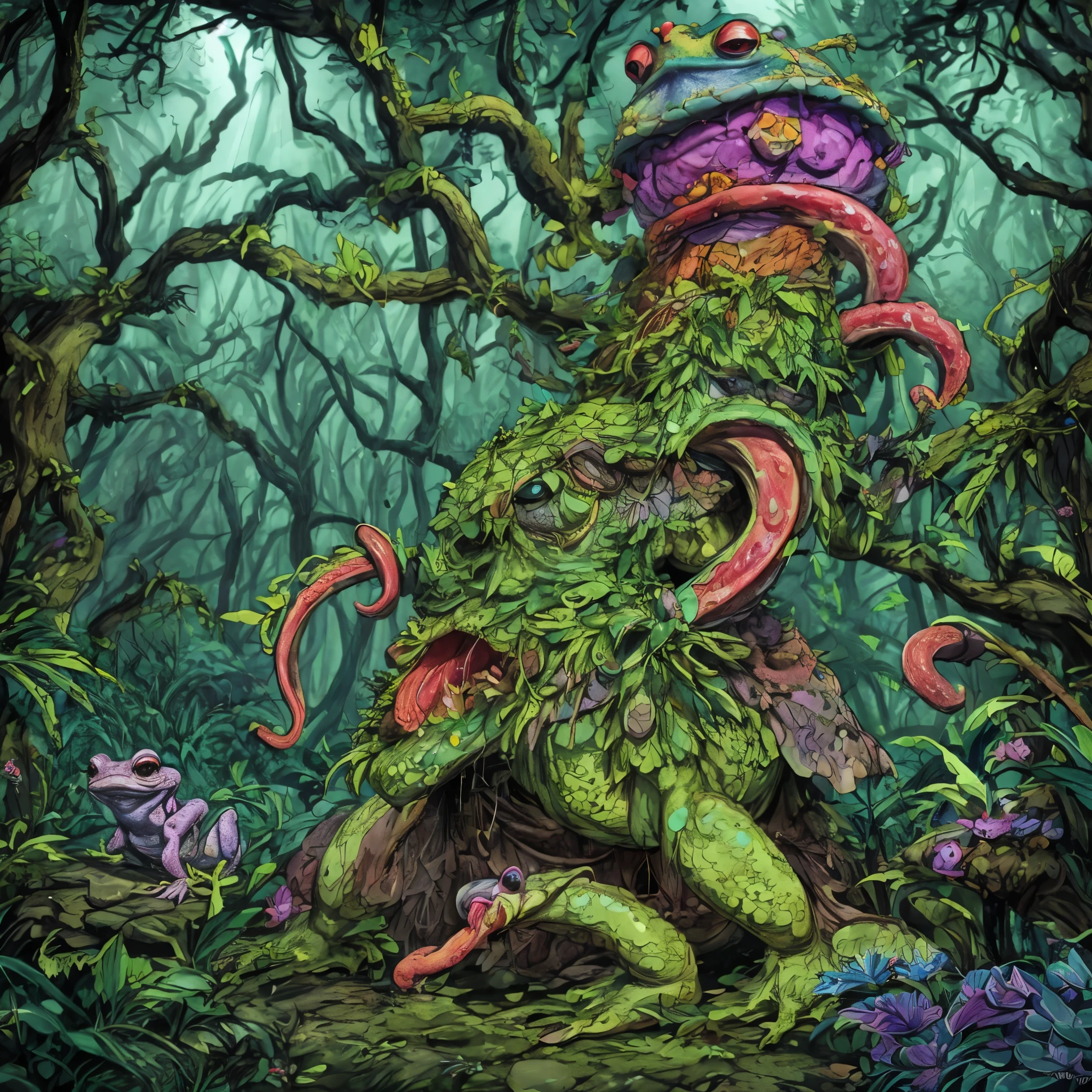 (A creepy toad, enormous, brightly colored, tentacle tongue) stalks through an ancient forest