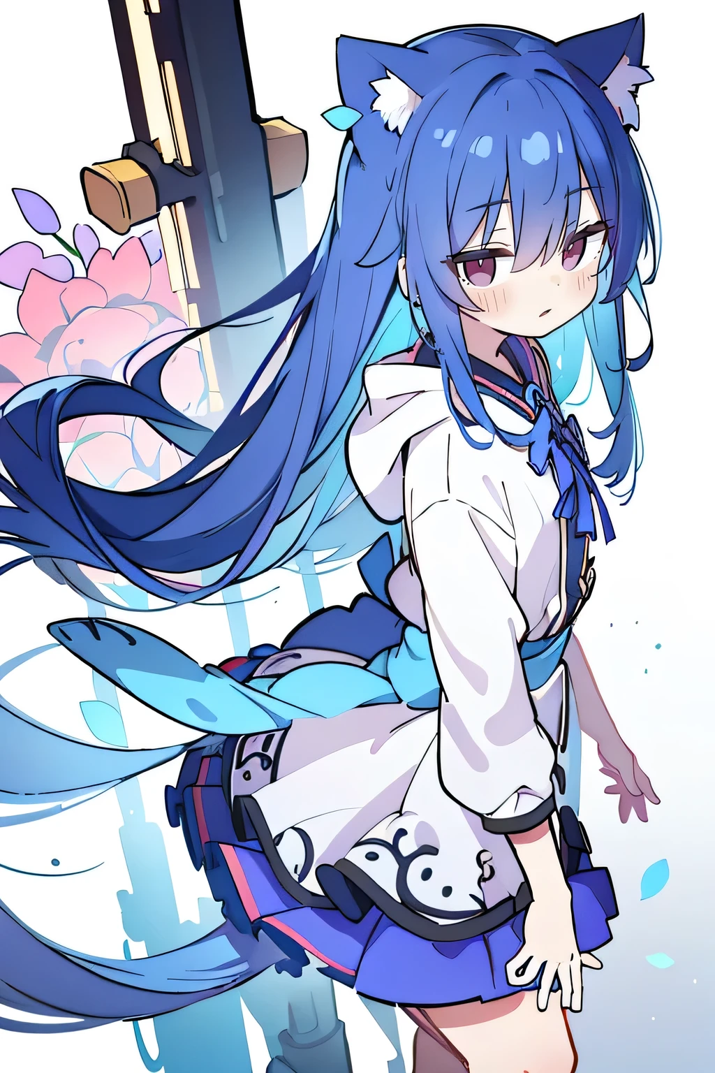 （masterpiece：1.2），Super detailed，lifelike，Expressive eyes，fair skin，perfect face shape，1 girl，
Japanese comics,Gorgeous blue hair,flowing blue hair,flowing clothes,Cat ears,Petals fall,beautiful lola,Baby Angel,
Shaking head with one hand，Cross your legs，Gentle and peaceful background，The pavilion is cool and comfortable,smile, wearing hoodie, background of tokyo,back views.