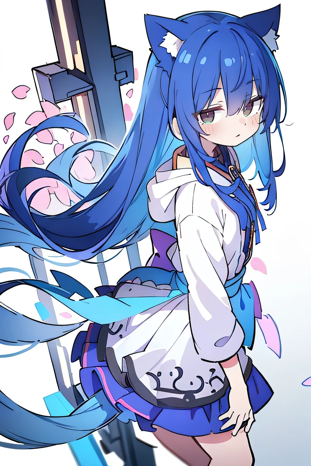 (masterpiece:1.2),Super detailed,lifelike,Expressive eyes,fair skin,perfect face shape,1 girl,
Japanese comics,Gorgeous blue hair,flowing blue hair,flowing clothes,Cat ears,Petals fall,beautiful lola,Baby Angel,
Shaking head with one hand,Cross your legs,Gentle and peaceful background,The pavilion is cool and comfortable,smile, wearing hoodie, background of tokyo,back views.