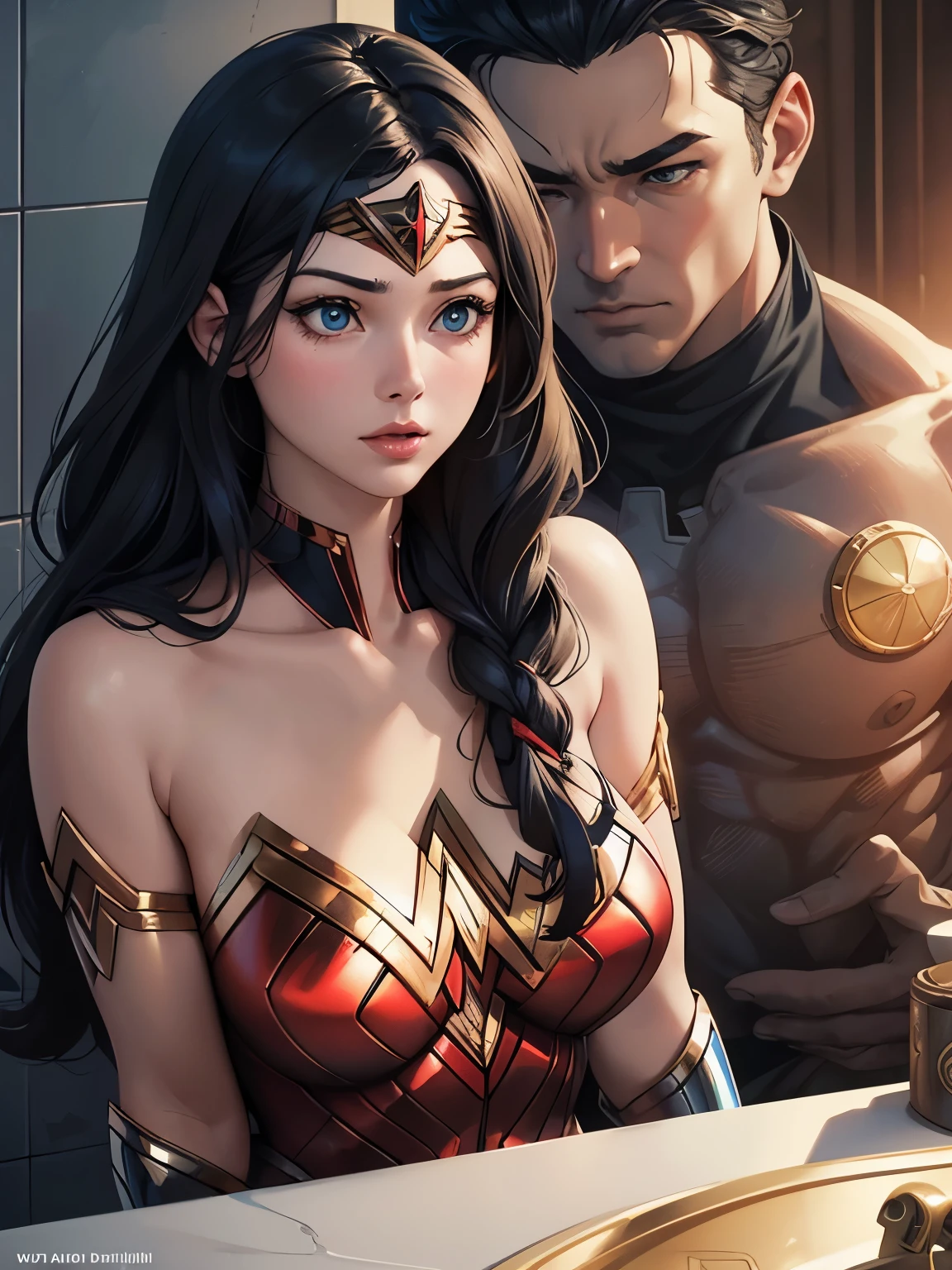 Close-up of a woman in erotic clothing and a group of aliens, james jean soft light 4k, adequate : :, Decorative Arts, Portrait of Wonder Woman, Inspired by Noriyoshi Oi, Hot topics on artstaion, Mechanized female soldier, In the bathroom : :
