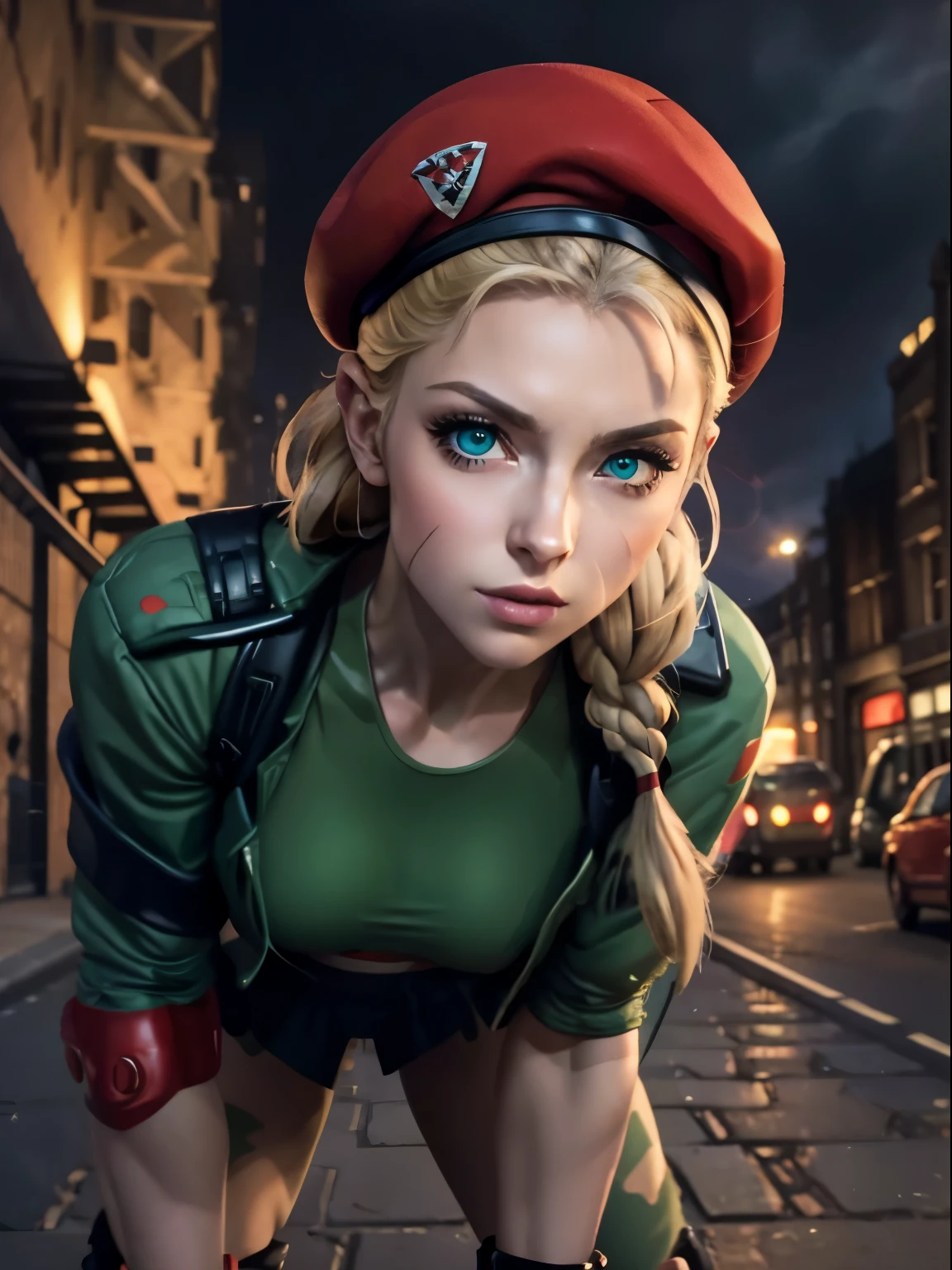 "(exquisitely detailed CG unity 8k wallpaper, masterpiece-quality with stunning realism), (best illumination, best shadow), (best quality), (elegant style:1.2), Arti modern anime. angled view, heroic pose, closeup full body portrait of stunningly beautiful cammy from street fighter, Masterpiece, best quality, highres, mature Cammy white, twin braids, long hair, blonde hair, antenna hair, (red beret headwear:1), blue eyes, scar on cheek, green military leotard, green military skirt, red gloves, fingerless gloves, camouflage, (fully clothed:1), abs, depth of field blur effect, night, full zoom, action portrait, photorealistic. cinematic lighting, highly detailed. best quality, 4k, (Better hand:1), (blonde hair:1) (red nail-polish:1), (red lips:1) (makeup:1) perfect anatomy, leaning forward, foreshortening effects, coy flirty sexy expression, foreshortening effect, (piercing eyes:1), surrounded by an ominous and dark atmosphere, accentuated by dramatic and striking lighting, imbued with a sense of surreal fantasy". (wearing military boots:0.5), (resting in london city MI6 in the morning:1.3) (wearing a British Military jacket:1) (mature:0.5)