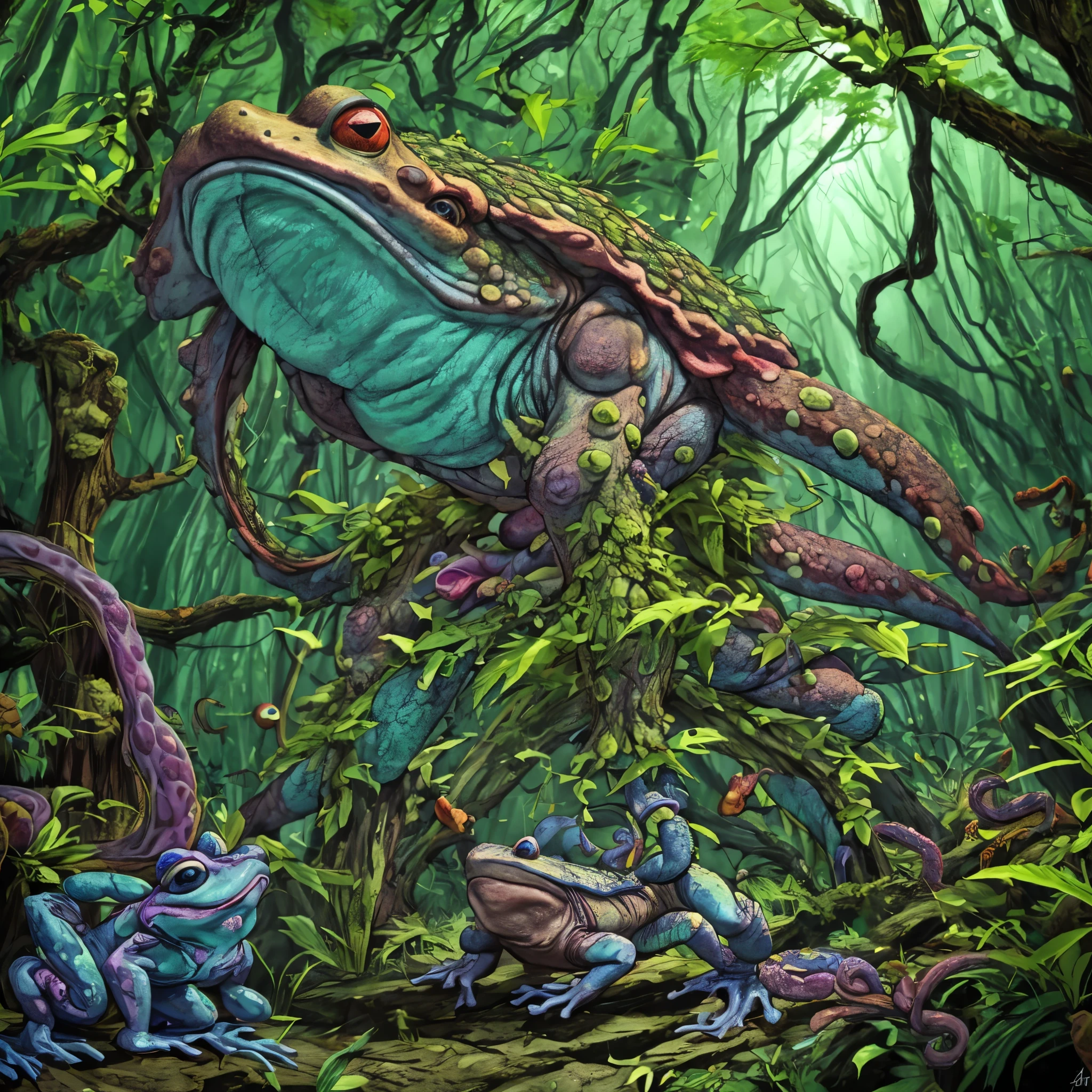 (A creepy toad, enormous, brightly colored, tentacle tongue) stalks through an ancient forest