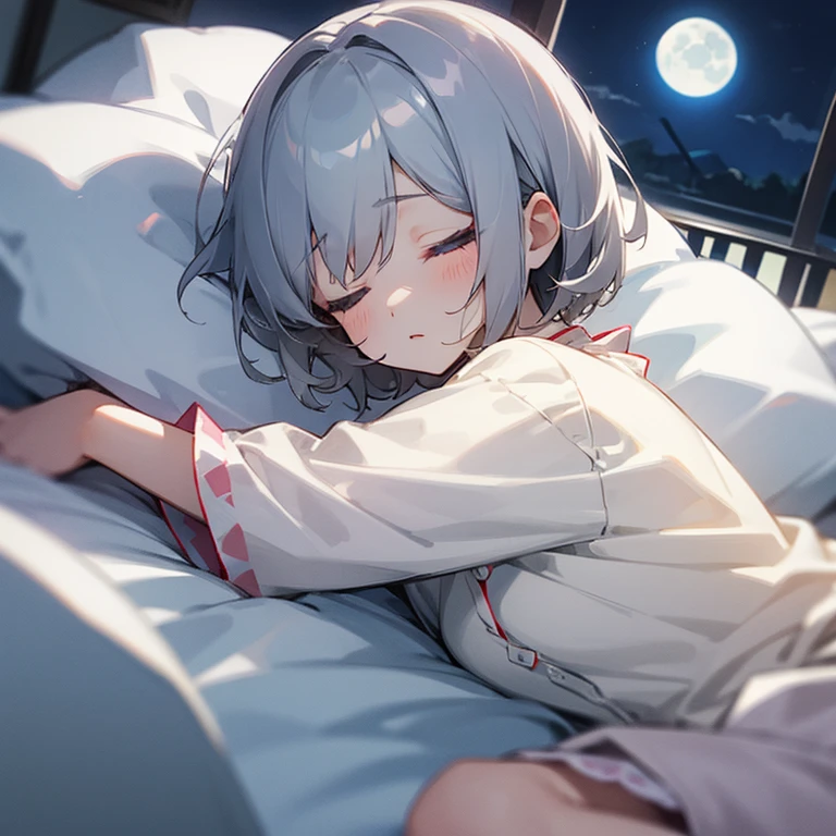 One girl、sleep、Eyes closed、Gray Hair、Short Hair、moon、night、pajamas、headphone