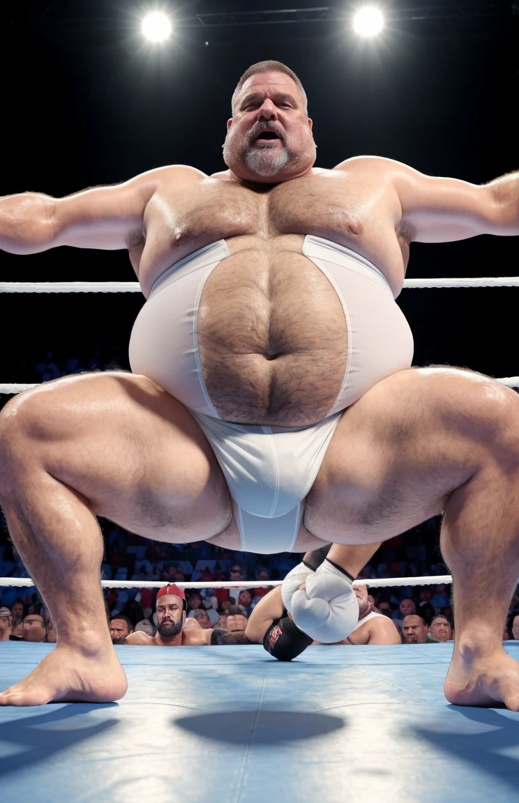 50 year old sexy fat bearded man,full of sweat,Full body,Big belly,((Wearing a white shirt and white trunks)),Stunned face,Open the legs,In the darkness, view from below, wrestling, uniforme wrestling. detalhado, lutando em um ring de wrestle.