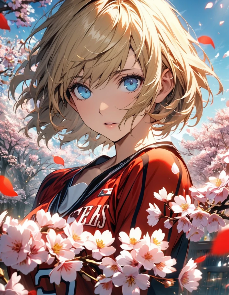 absurdres, highres, ultra detailed, HDR, masterpiece, extremely detailed face and eyes, Aegis, blond hair, short hair, expressive blue eyes, Persona 3, solo, woman, extremely beautiful, basketball uniform, spring, blossoms, petals