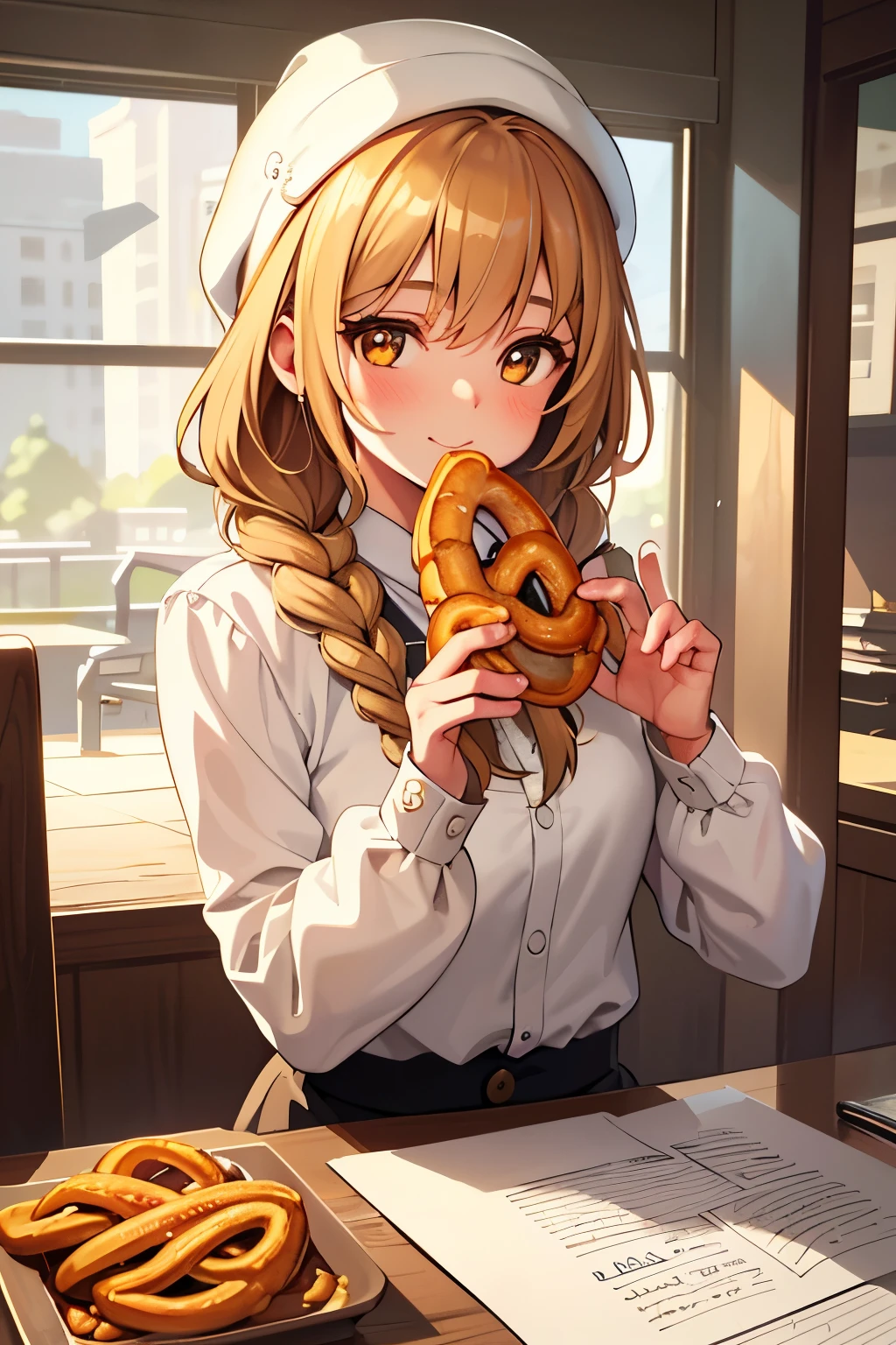 A delightful illustration of a girl savoring a pretzel with a look of pure bliss on her face. The pretzel's golden brown texture and intricate twists are exquisitely captured in this simple yet delectable drawing. The best quality and highest detail bring the girl's expression and the pretzel's textures to life, leaving no details unattended.