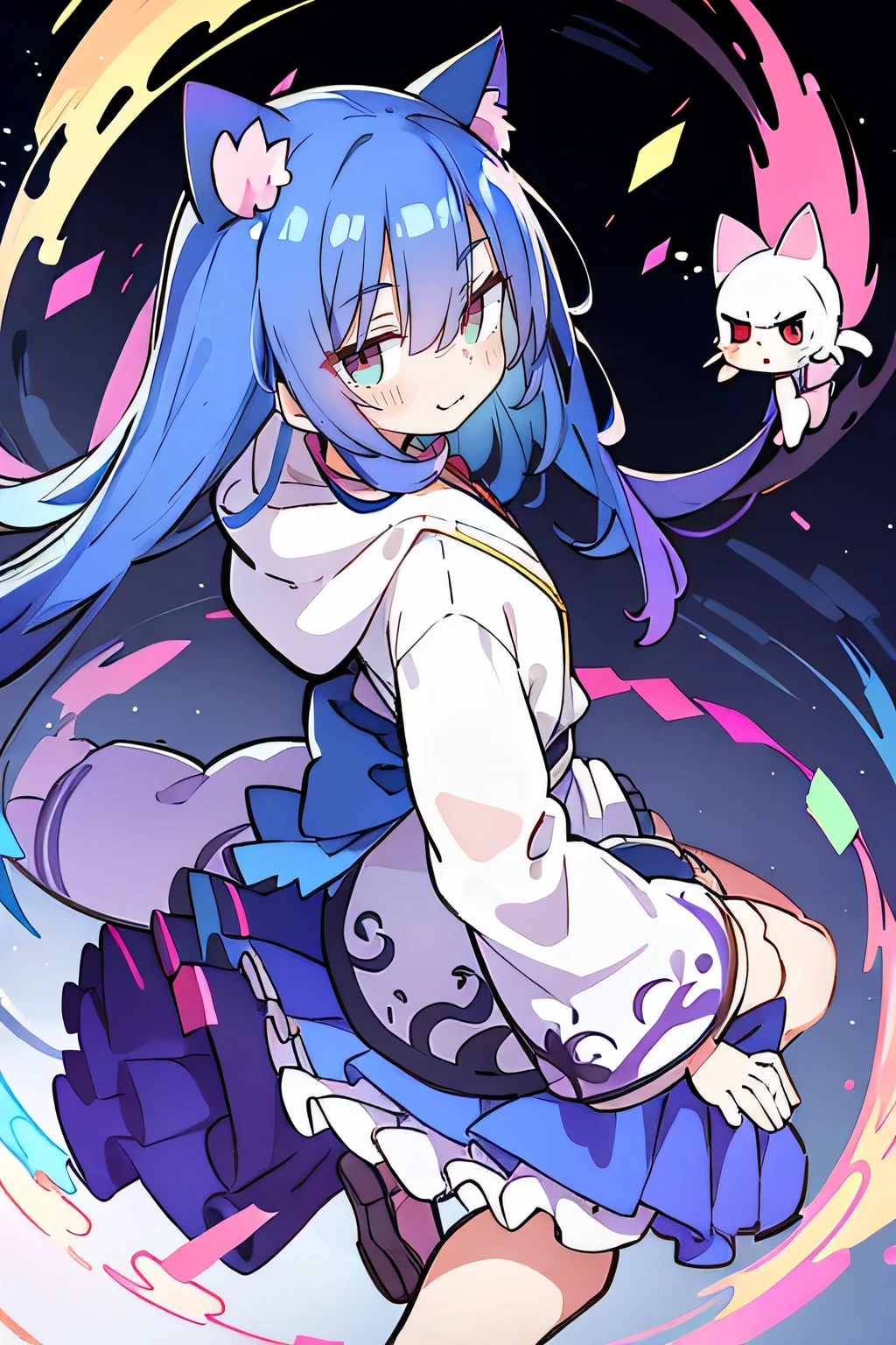 (masterpiece:1.2),Super detailed,lifelike,Expressive eyes,fair skin,perfect face shape,1 girl,
Japanese comics,Gorgeous blue hair,flowing blue hair,flowing clothes,Cat ears,Petals fall,beautiful lola,Baby Angel,
Shaking head with one hand,Cross your legs,Gentle and peaceful background,The pavilion is cool and comfortable,smile, wearing hoodie, background of tokyo,back views.