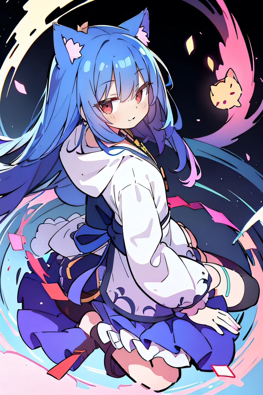 (masterpiece:1.2),Super detailed,lifelike,Expressive eyes,fair skin,perfect face shape,1 girl,
Japanese comics,Gorgeous blue hair,flowing blue hair,flowing clothes,Cat ears,Petals fall,beautiful lola,Baby Angel,
Shaking head with one hand,Cross your legs,Gentle and peaceful background,The pavilion is cool and comfortable,smile, wearing hoodie, background of tokyo,back views.