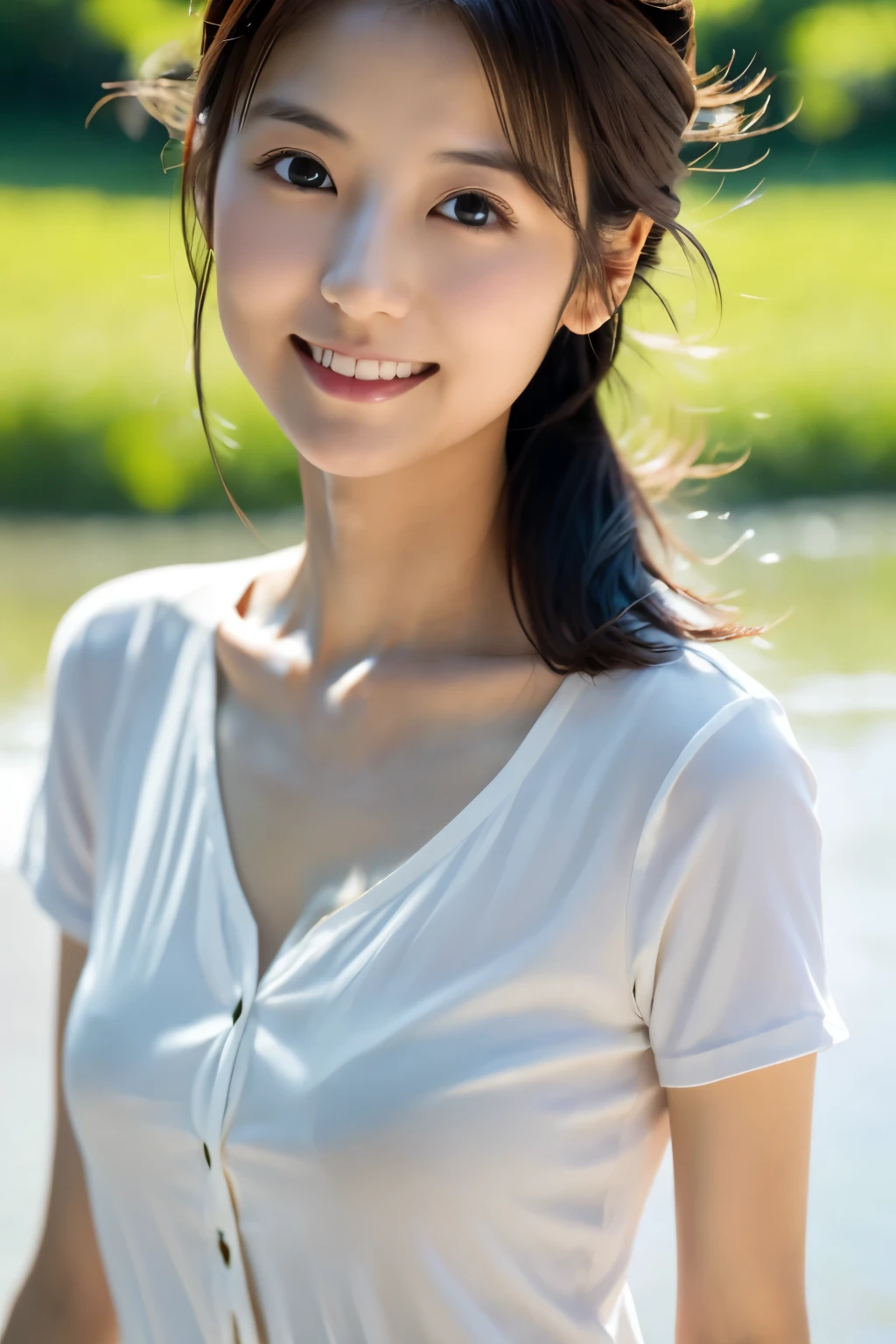 Skinny Japanese 40s woman, good wife, cute face, detailed face, detailed eyes, neat and clean, short-sleeve white shirt, walking along river, early summer, fine weather, clear sky, green fields, portrait