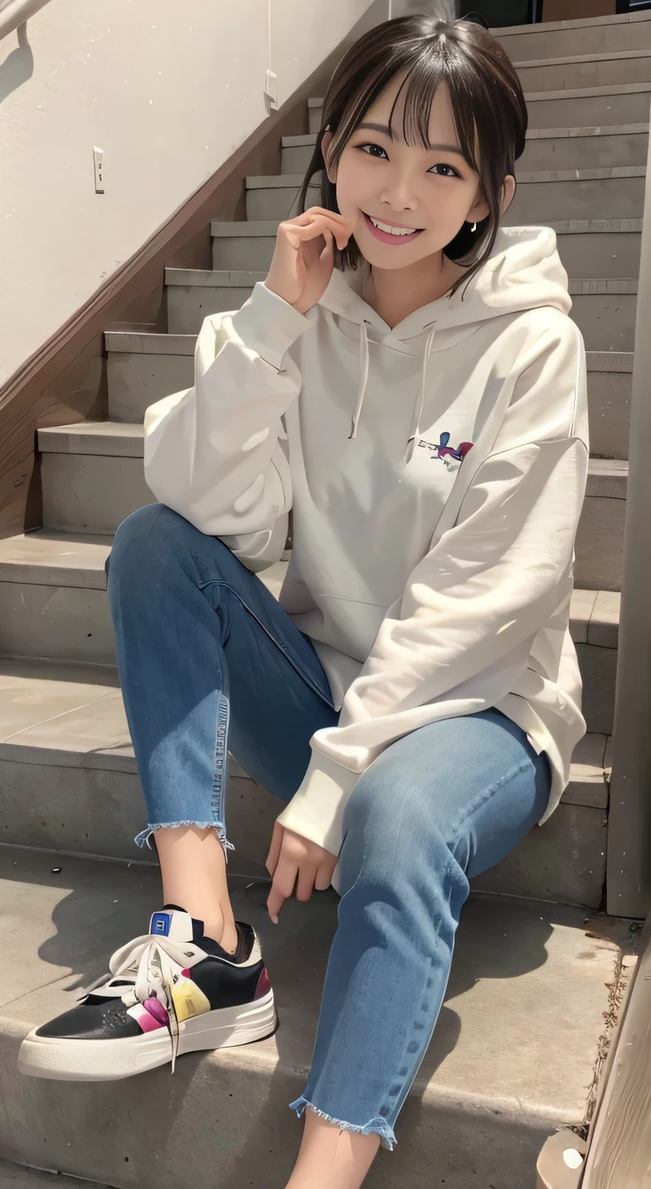 highest quality, Realistic, Very detailed, Finer details, High resolution, 8k wallpaper, One beautiful woman,Sit on the stairs、(Wear colorful socks)smile、(Beautiful teeth alignment、)(Gums are visible) Oversized hoodie, Skinny jeans,( Black sneakers)、Black Hair、 Beautiful Bangs、ear piercing、Perfect dynamic composition, Beautiful and detailed, Full Body Shot, A big smile waiting to start