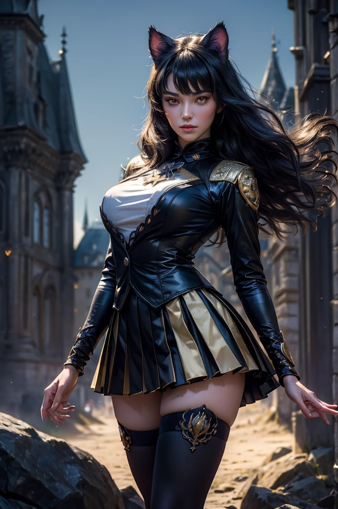 (masterpiece,stunning girlfriend, (standing:1.1), dynamic pose, heart shaped face, elegant face, beautiful face, highly detailed face, highly detailed skin, skin pores, subsurface scattering, realistic pupils, looking at viewer, full lips, detailed background, depth of field, atmospheric perspective, volumetric lighting, sharp focus, absurdres, realistic proportions, good anatomy, (realistic, hyperrealistic:1.4), 16k hdr, (masterpiece, best quality), intricate details, 1girl, blake_belladonna, gmuniform, pleated skirt, blue thighhighs, black and gold uniform, standing outside, tall gothic castle, night, stars, moon, crowd