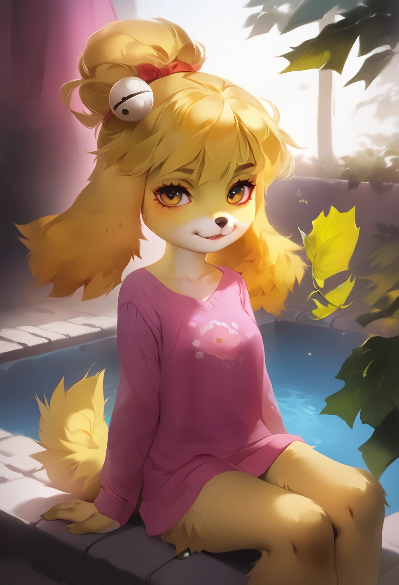 uploaded on e621, ((by Pino Daeni, by Ruan Jia, by Fumiko, by Levelviolet, by Supplesee)), kemono, dagasi, solo female isabelle \(animal crossing\) in animal form with tiny and short body with yellow fur (wearing pink shirt:1.4) with leaf patterns and (no pants:1.4) and white belly and top knot and (bells:1.2), ((feral)), ((flat chest)), (detailed fluffy fur), (half-lengthportrait, front view, looking at viewer), BREAK, (sitting in hotel swimming pool bench with plant and flower), (detailed background, depth of field, half body shadow, sunlight, ambient light on the body), (intricate:1), (high detail:1.3), (unreal engine:1.2), (soft focus:1.15), [explicit content, questionable content], (masterpiece, best quality, 4k, 2k, shaded, absurd res)