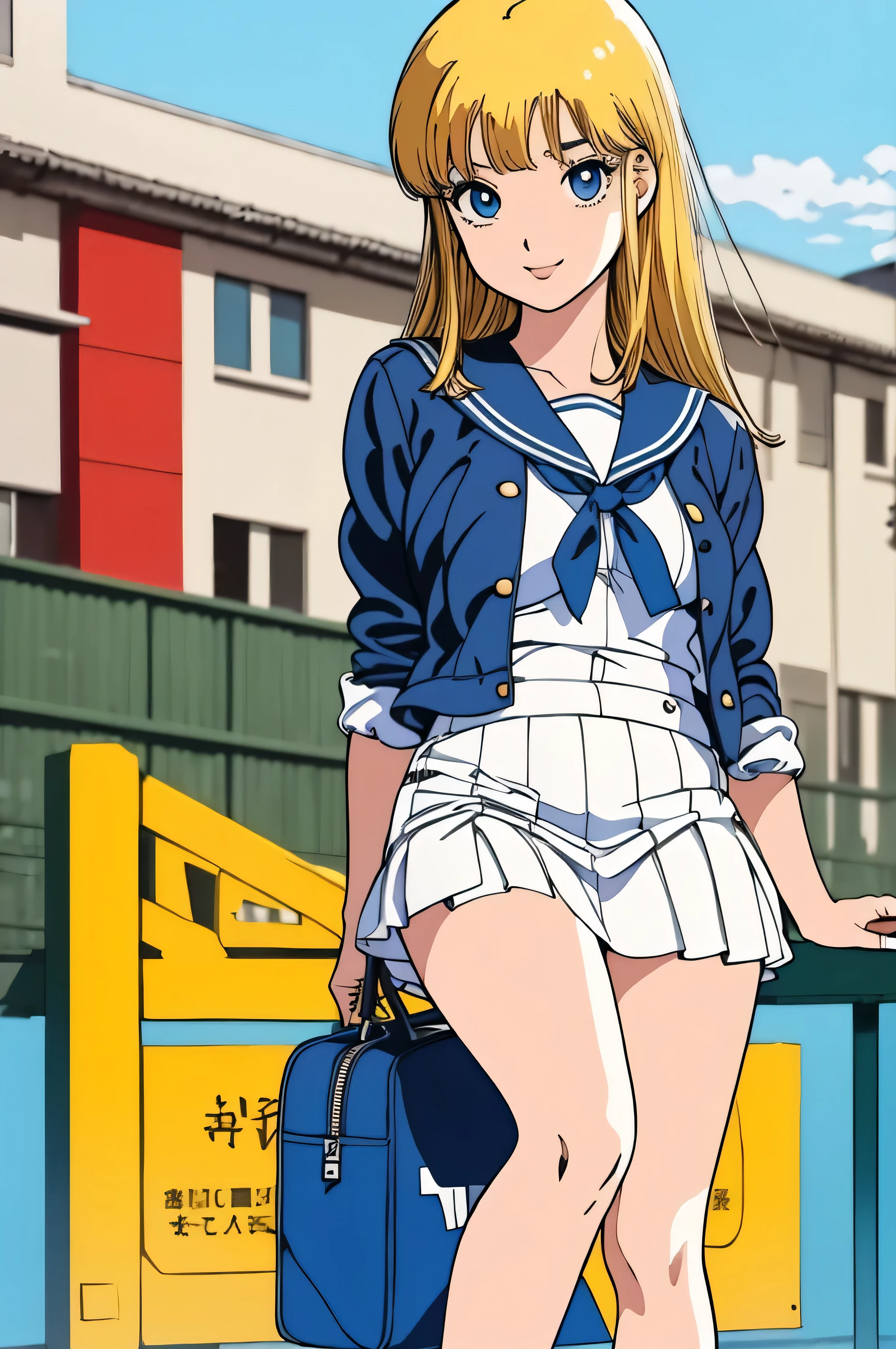 (Masterpiece Anime, Retro art style, Clean brush strokes, Very detailed, Perfect Anatomy, Browsing Caution), City Background, In front of the school gate, (Above the knee shot), (hibarikun), １Girl, Eyebrows visible through hair, bangs, Blonde Hair, Blue eyes, (Sansakumaru:1.4), (Beautiful and realistic eyes:1.5), Confident々Smile, High Body, Long and beautiful legs, (Mid-chest:1.5), (Sexy Poses), (Sailor suit top), (Sailor suit miniskirt, Navy blue), Leather student bag,