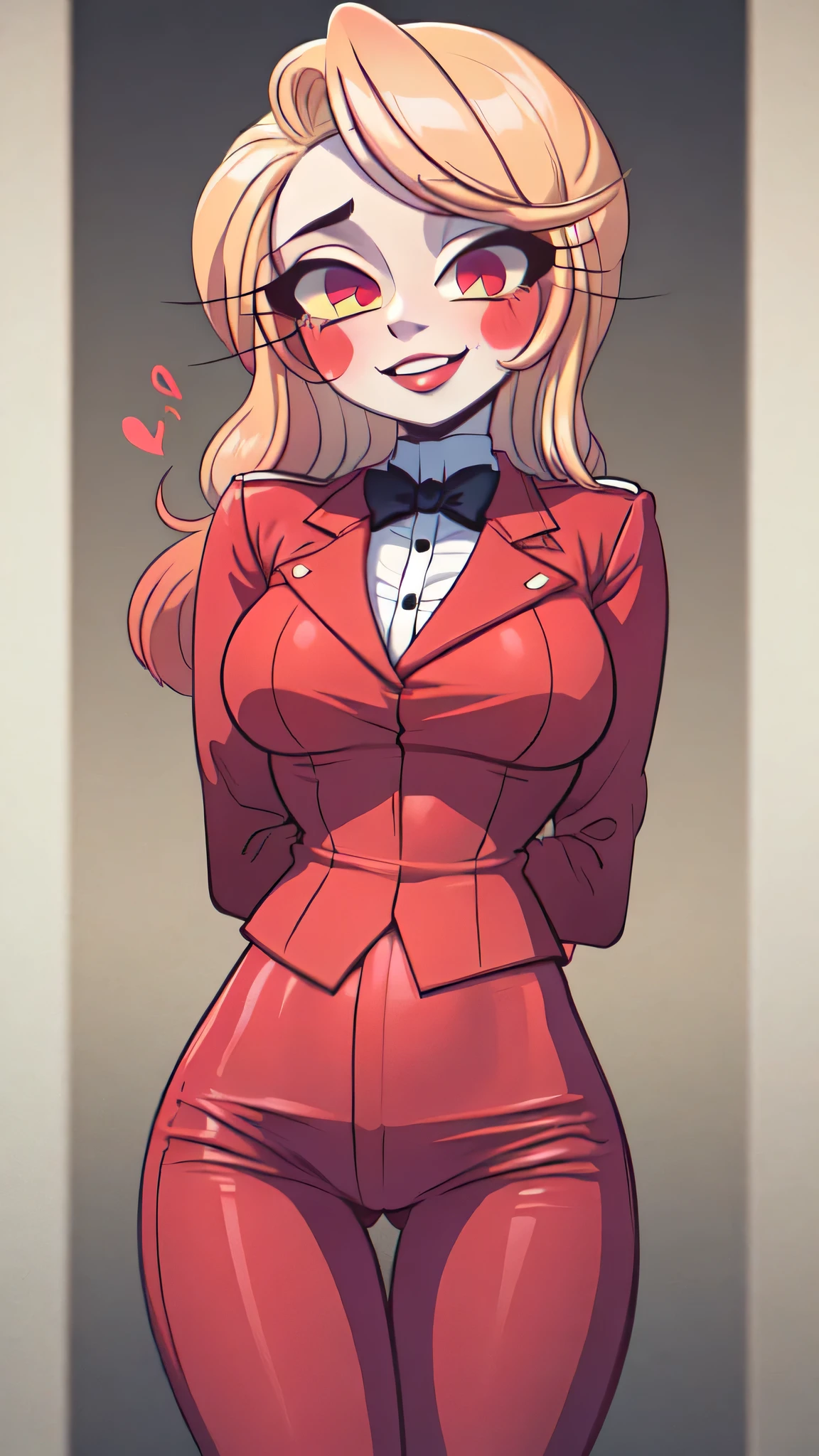 (masterpiece, best quality:1.2), solo, 1girl, charlie morningstar, colored skin, smile, looking at viewer, arms behind back, colored sclera, red jacket, bowtie, red pants