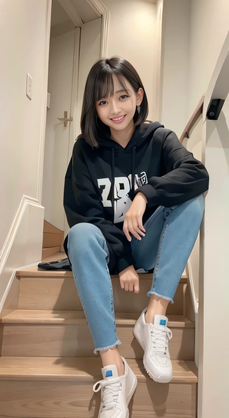 highest quality, Realistic, Very detailed, Finer details, High resolution, 8k wallpaper, One beautiful woman,Sit on the stairs、（Wear colorful socks）smile、（Beautiful teeth alignment、）（Gums are visible） Oversized hoodie, Skinny jeans,（ sneakers）、Black Hair、 Beautiful Bangs、ear piercing、Perfect dynamic composition, Beautiful and detailed, Full Body Shot, A big smile waiting to start
