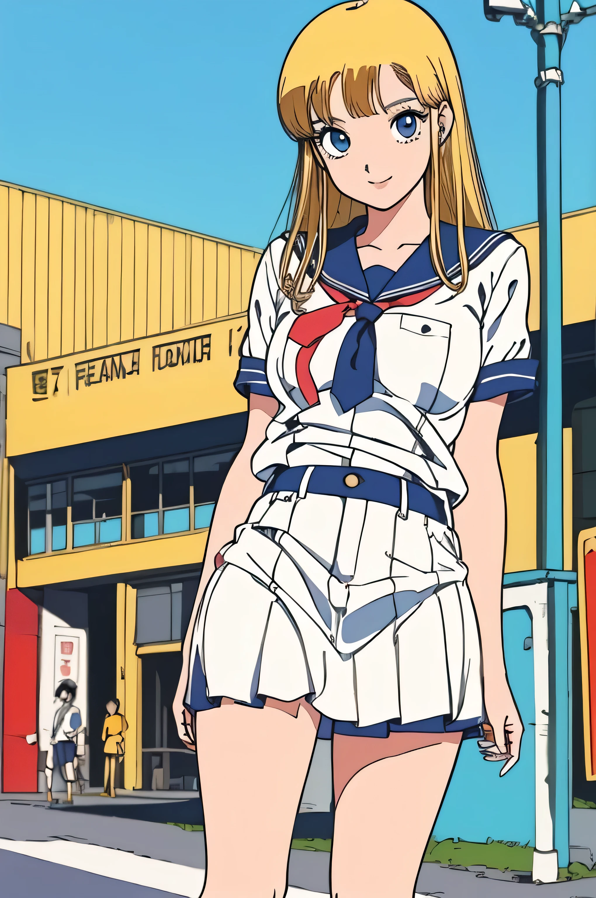 (Masterpiece Anime, Retro art style, Clean brush strokes, Very detailed, Perfect Anatomy, Browsing Caution), City Background, In front of the school gate, (Above the knee shot), (hibarikun), １Girl, Eyebrows visible through hair, bangs, Blonde Hair, Blue eyes, (Sansakumaru:1.4), (Beautiful and realistic eyes:1.5), Confident々Smile, High Body, Long and beautiful legs, (Mid-chest:1.5), (Sexy Poses), (Sailor suit top), (Sailor suit miniskirt, Navy blue), Leather student bag,