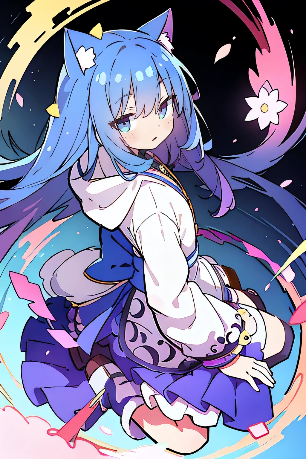 (masterpiece:1.2),Super detailed,lifelike,Expressive eyes,fair skin,perfect face shape,1 girl,
Japanese comics,Gorgeous blue hair,flowing blue hair,flowing clothes,Cat ears,Petals fall,beautiful lola,Baby Angel,
Shaking head with one hand,Cross your legs,Gentle and peaceful background,The pavilion is cool and comfortable,smile, wearing hoodie, background of tokyo,back views.