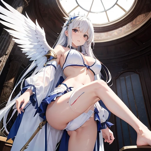 masterpiece, highest quality, High resolution, Long Hair,、Drooping eyes,barefoot,Looking up,Embarrassed face,Angle from below、Big Breasts、The white underwear is transparent、White Hair,In town、The legs are thin、Clothes are wet、The clothes are torn,Gravure photoshoot、White feathers growing、Legs wide open、Put on the celestial armor、Equip a sword、Angel Cosplay