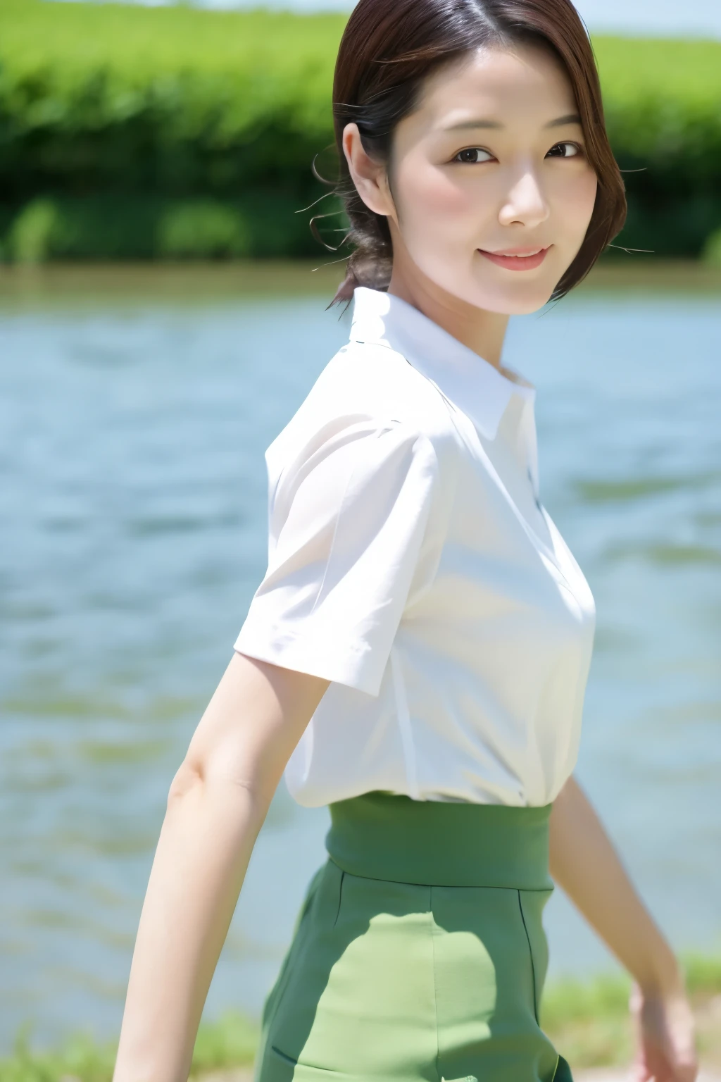 Skinny Japanese 40s woman, good wife, cute face, detailed face, detailed eyes, neat and clean, short-sleeve white shirt, walking along river, early summer, fine weather, clear sky, green fields, portrait