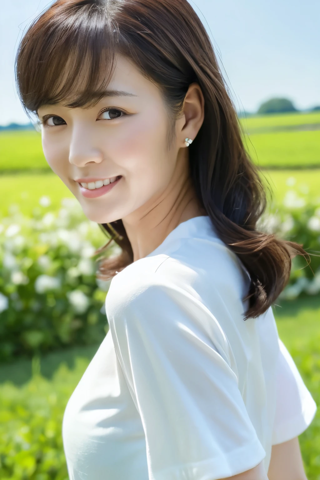 Skinny Japanese 40s woman, good wife, cute face, detailed face, detailed eyes, neat and clean, short-sleeve white shirt, walking along river, early summer, fine weather, clear sky, green fields, portrait