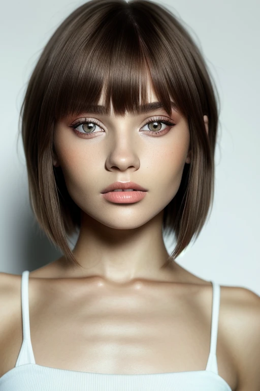 ViktoriaTishko, focus on eyes, close up on face, Clay color hair styled layered bob with bangs hair