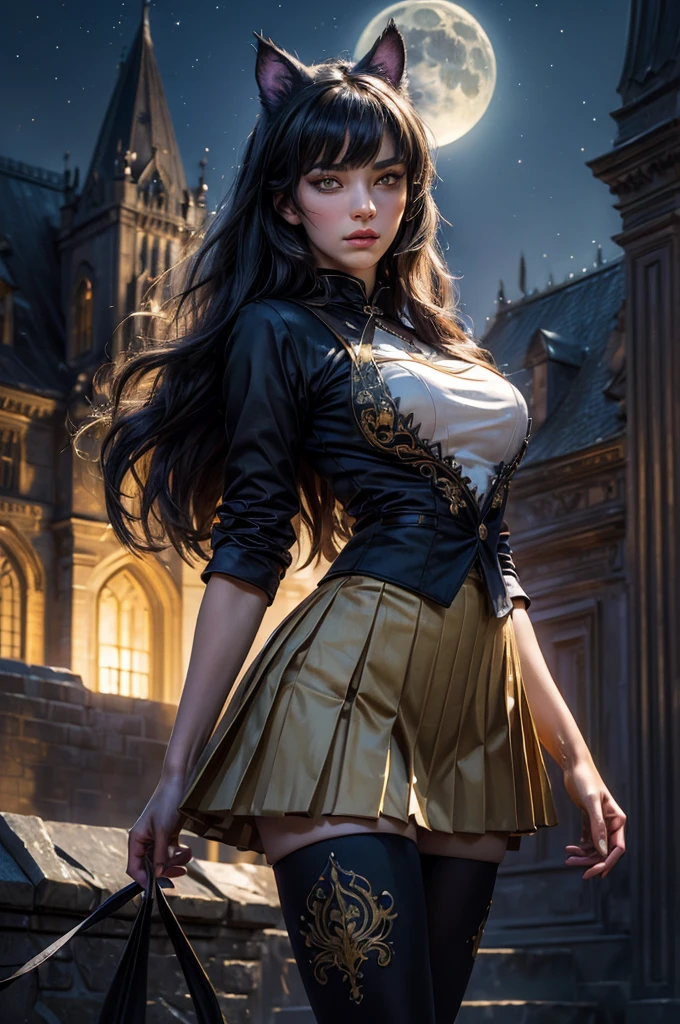 (masterpiece,stunning girlfriend, (standing:1.1), dynamic pose, heart shaped face, elegant face, beautiful face, highly detailed face, highly detailed skin, skin pores, subsurface scattering, realistic pupils, looking at viewer, full lips, detailed background, depth of field, atmospheric perspective, volumetric lighting, sharp focus, absurdres, realistic proportions, good anatomy, (realistic, hyperrealistic:1.4), 16k hdr, (masterpiece, best quality), intricate details, 1girl, blake_belladonna, gmuniform, pleated skirt, blue thighhighs, black and gold uniform, standing outside, tall gothic castle, night, stars, moon, crowd