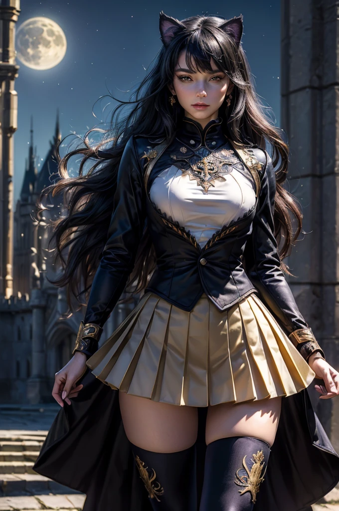 (masterpiece,stunning girlfriend, (standing:1.1), dynamic pose, heart shaped face, elegant face, beautiful face, highly detailed face, highly detailed skin, skin pores, subsurface scattering, realistic pupils, looking at viewer, full lips, detailed background, depth of field, atmospheric perspective, volumetric lighting, sharp focus, absurdres, realistic proportions, good anatomy, (realistic, hyperrealistic:1.4), 16k hdr, (masterpiece, best quality), intricate details, 1girl, blake_belladonna, gmuniform, pleated skirt, blue thighhighs, black and gold uniform, standing outside, tall gothic castle, night, stars, moon, crowd