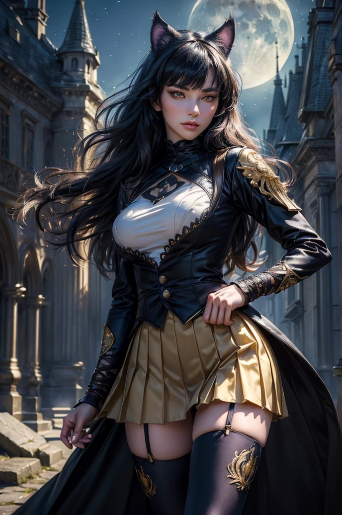 (masterpiece,stunning girlfriend, (standing:1.1), dynamic pose, heart shaped face, elegant face, beautiful face, highly detailed face, highly detailed skin, skin pores, subsurface scattering, realistic pupils, looking at viewer, full lips, detailed background, depth of field, atmospheric perspective, volumetric lighting, sharp focus, absurdres, realistic proportions, good anatomy, (realistic, hyperrealistic:1.4), 16k hdr, (masterpiece, best quality), intricate details, 1girl, blake_belladonna, gmuniform, pleated skirt, blue thighhighs, black and gold uniform, standing outside, tall gothic castle, night, stars, moon, crowd
