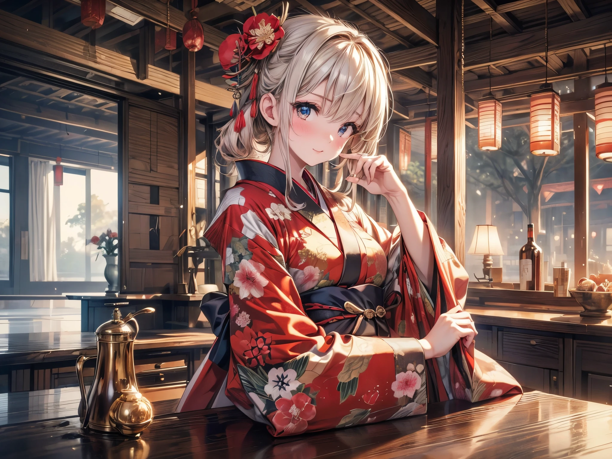 kimono, Heart, (8k, original photo, best quality, masterpiece: 1.2), (Practical: 1.6), (masterpiece), (best quality: 1.0), (Ultra-high resolution: 1.0), detail, 1940s, one, detail beautiful skin, detail room, ,Practical skin
