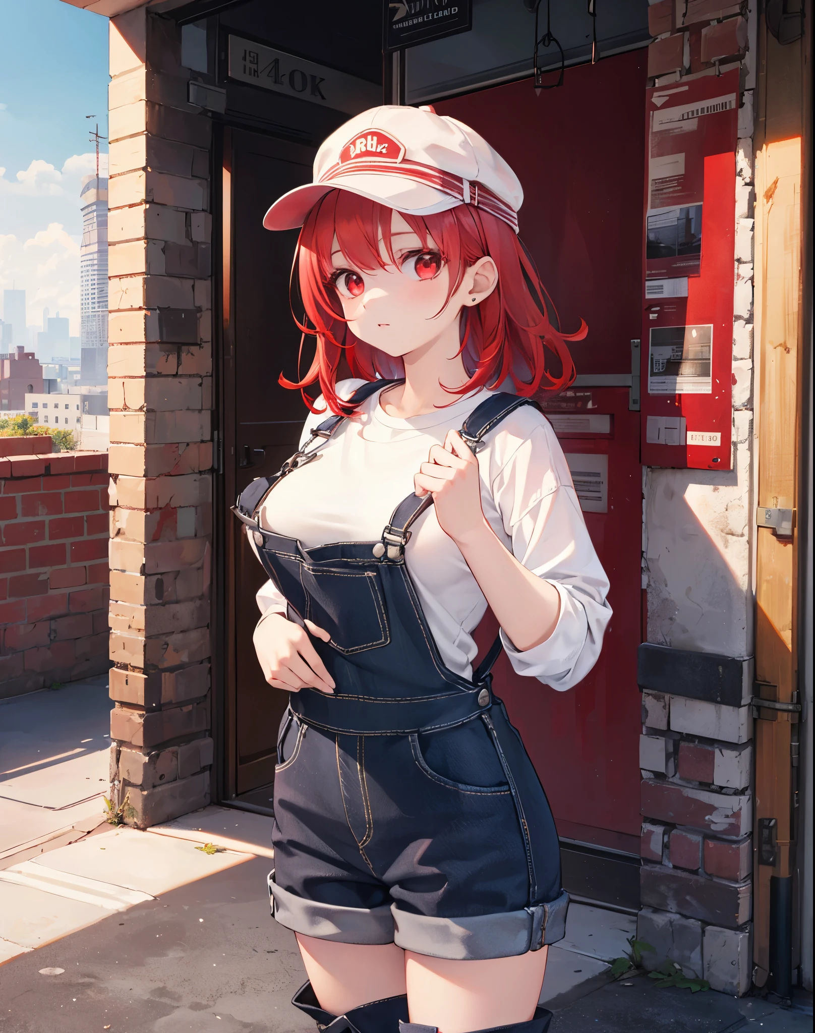 Realistic,highest quality, Ultra Detail, High-quality CG rendering, The most delicate and beautiful, Floating softly, High resolution, (1 girl), (Highest quality,4K,8K,masterpiece:1.2),(All red hair:1.5), (Medium Hair:1.5),(Red eyes:1.5),(Slightly larger breasts:1.2), (Light brown overalls:1.3),(Black boots:1.3)、(Pure white cap:1.3)、pierced left ear,In the city,old buildings,