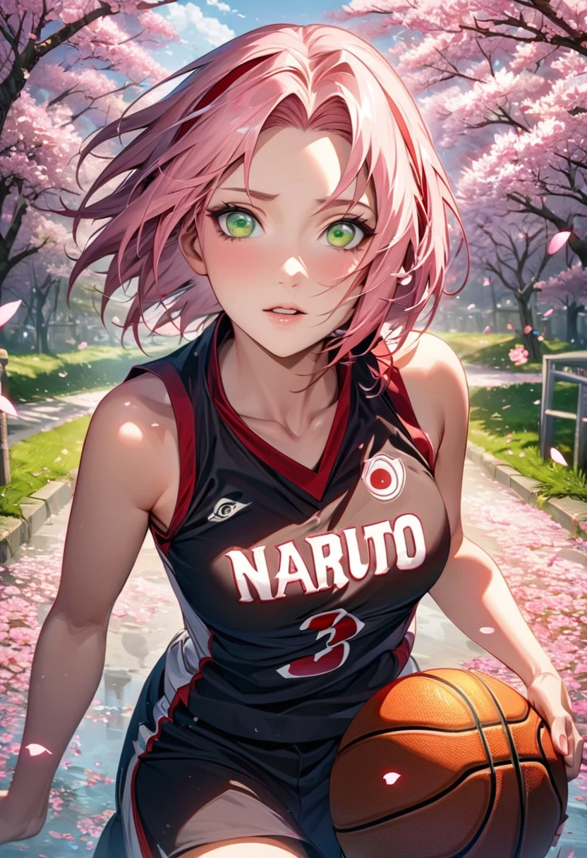 Ultra detailed, Highres, HDR, absurdres, Haruno Sakura, expressive green eyes, pink short hair, woman, extremely beautiful, Naruto Shippuden, solo, extremely detailed face and eyes, petals, blossoms, spring, master piece, basketball uniform, cherry blossoms, butterflies