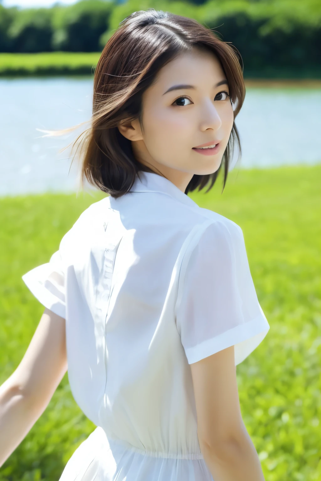 Skinny Japanese 40s woman, good wife, cute face, detailed face, detailed eyes, neat and clean, short-sleeve white shirt, walking along river, early summer, fine weather, clear sky, green fields, portrait