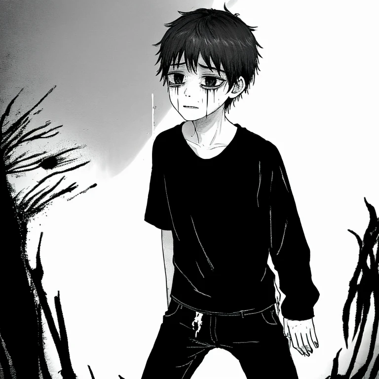 A boy crying with blood on his hands in a black shirt and pants